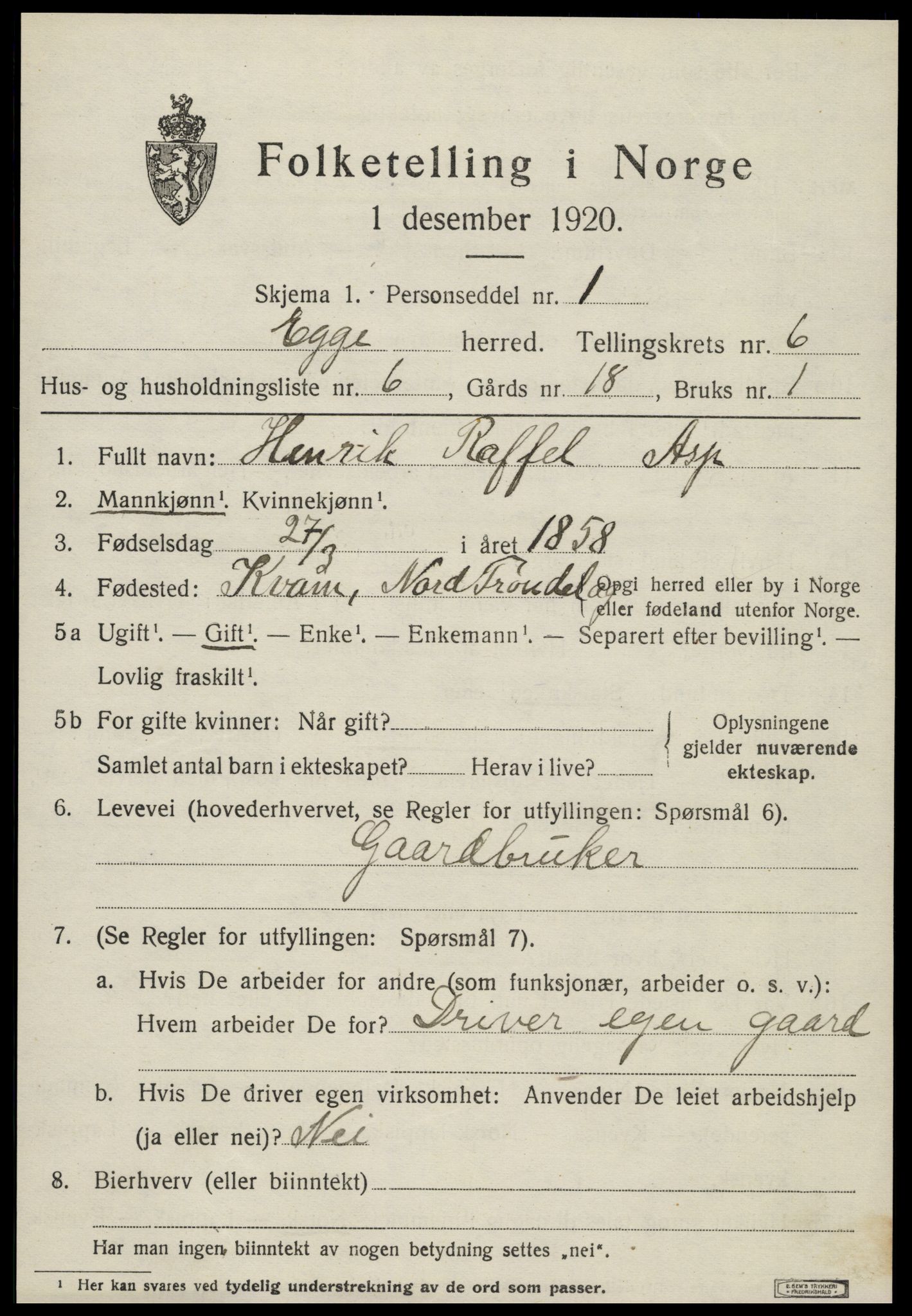 SAT, 1920 census for Egge, 1920, p. 3874