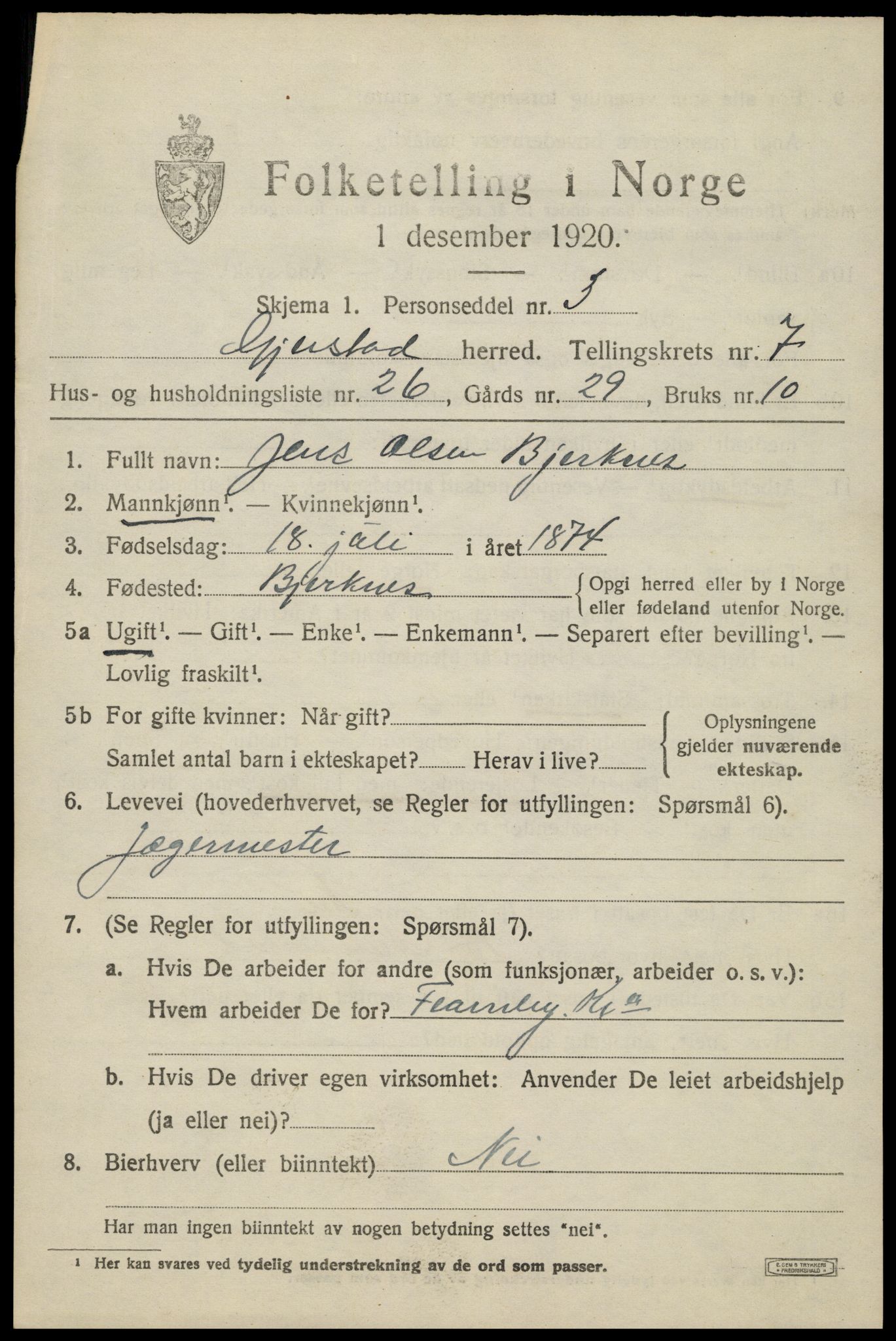 SAK, 1920 census for Gjerstad, 1920, p. 4857