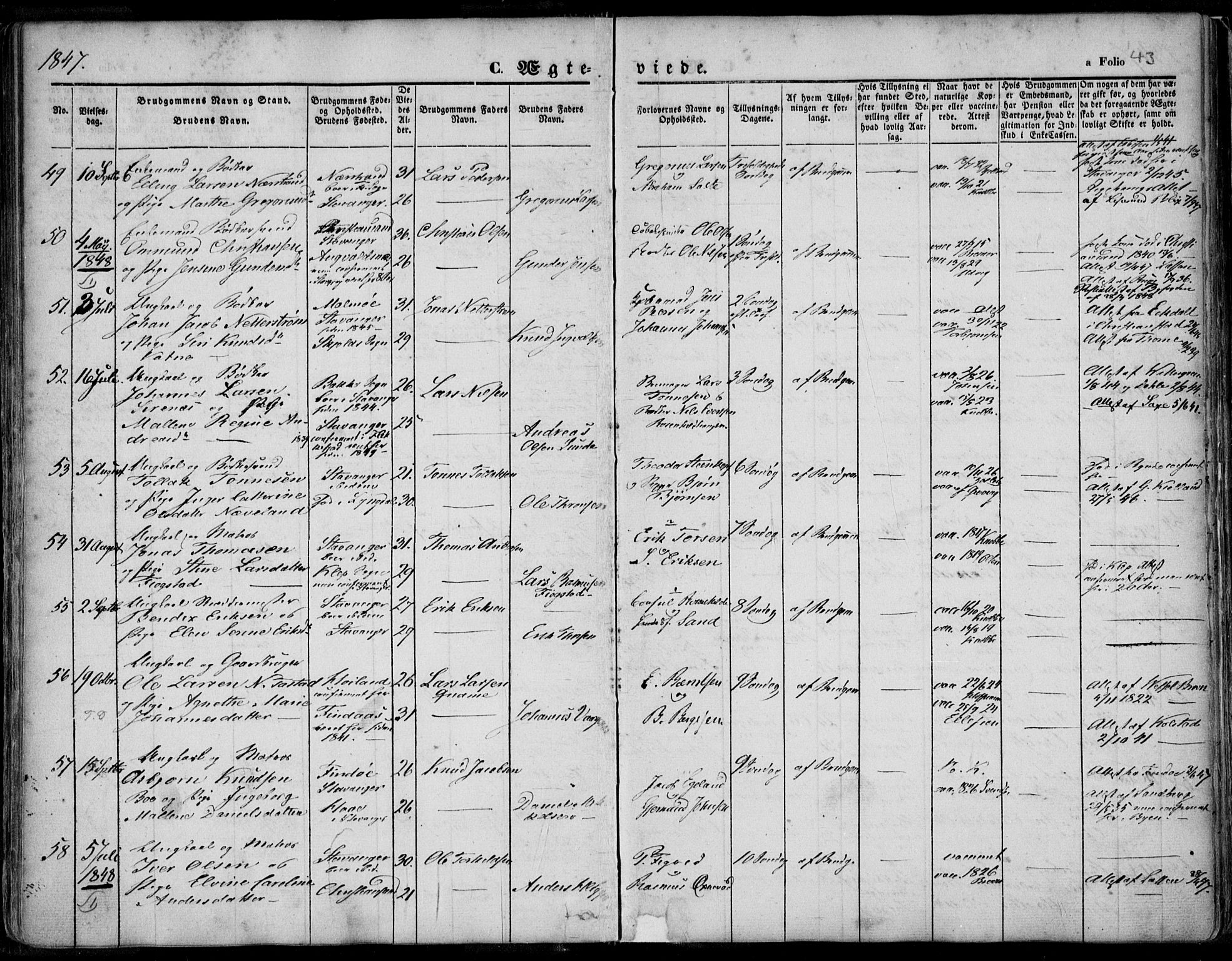 Domkirken sokneprestkontor, SAST/A-101812/001/30/30BA/L0015: Parish register (official) no. A 14, 1842-1857, p. 43