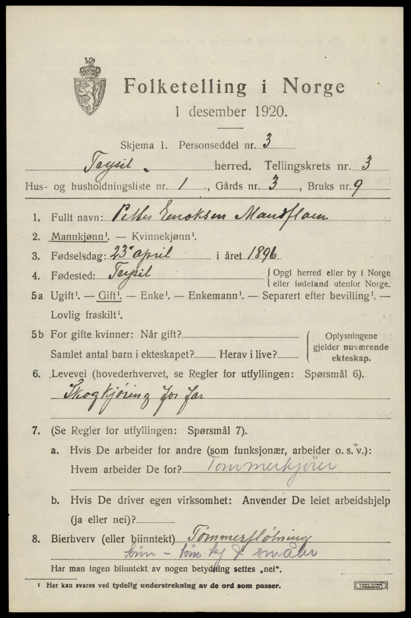 SAH, 1920 census for Trysil, 1920, p. 3481