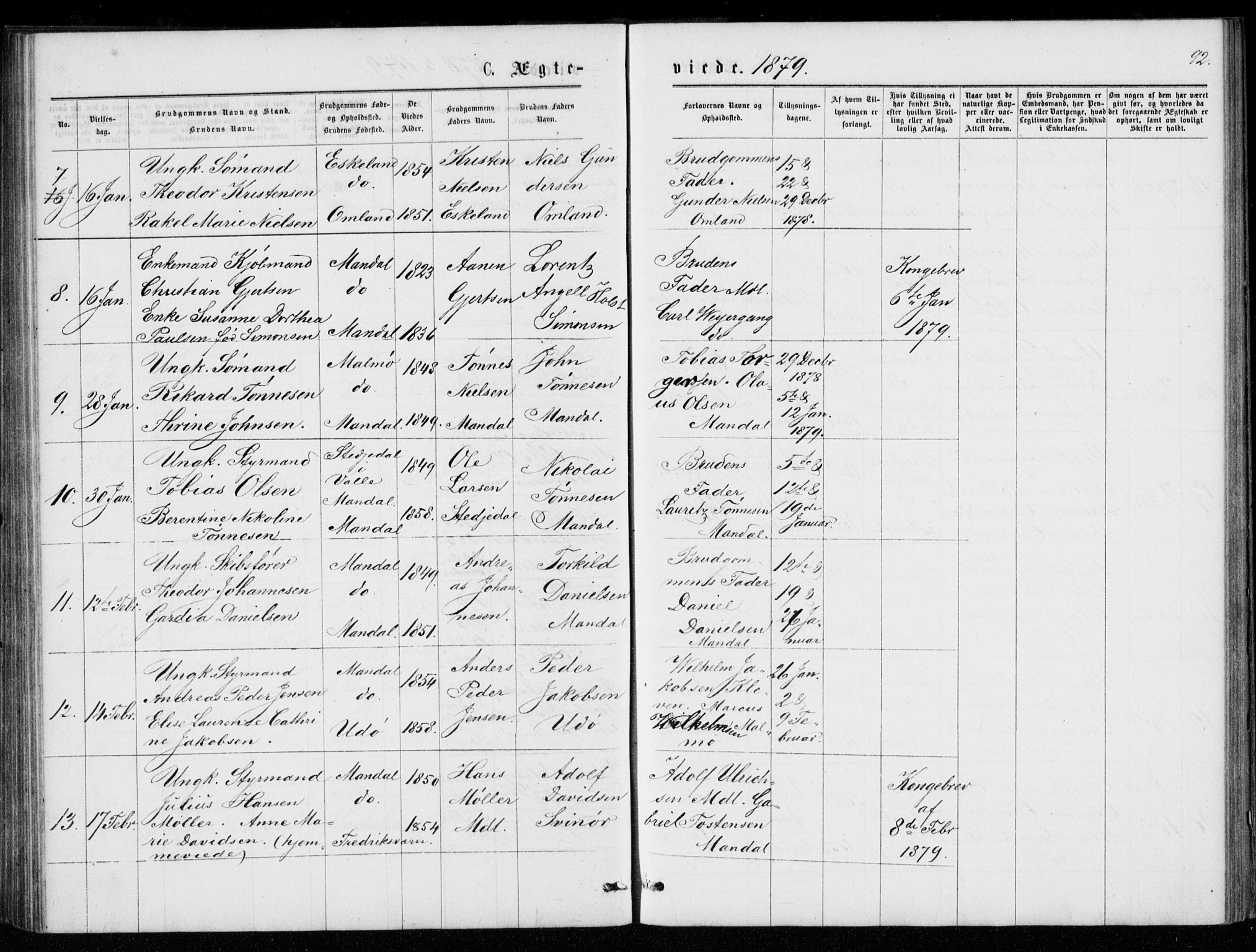 Mandal sokneprestkontor, AV/SAK-1111-0030/F/Fb/Fba/L0010: Parish register (copy) no. B 4, 1876-1880, p. 92