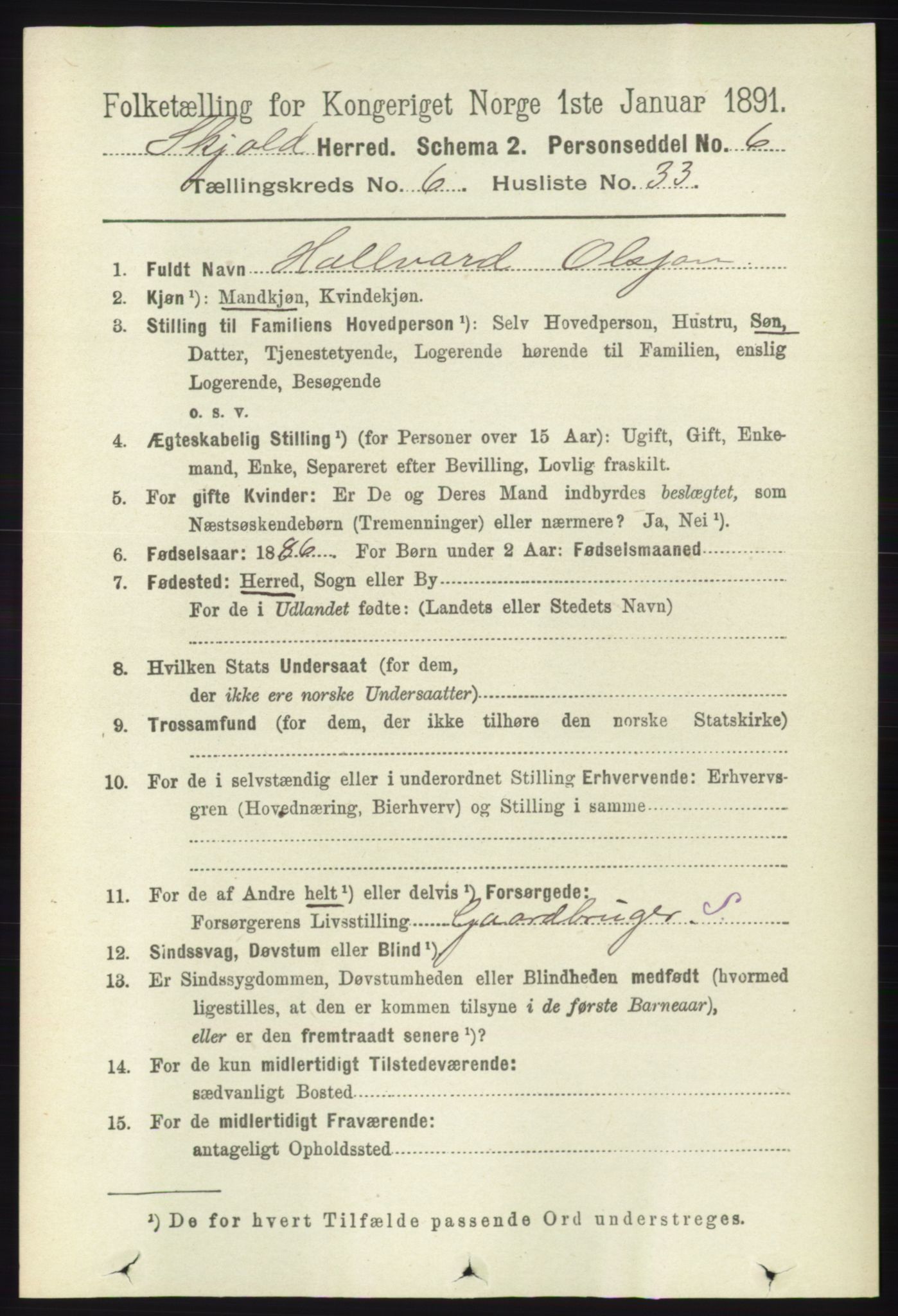 RA, 1891 census for 1154 Skjold, 1891, p. 1182