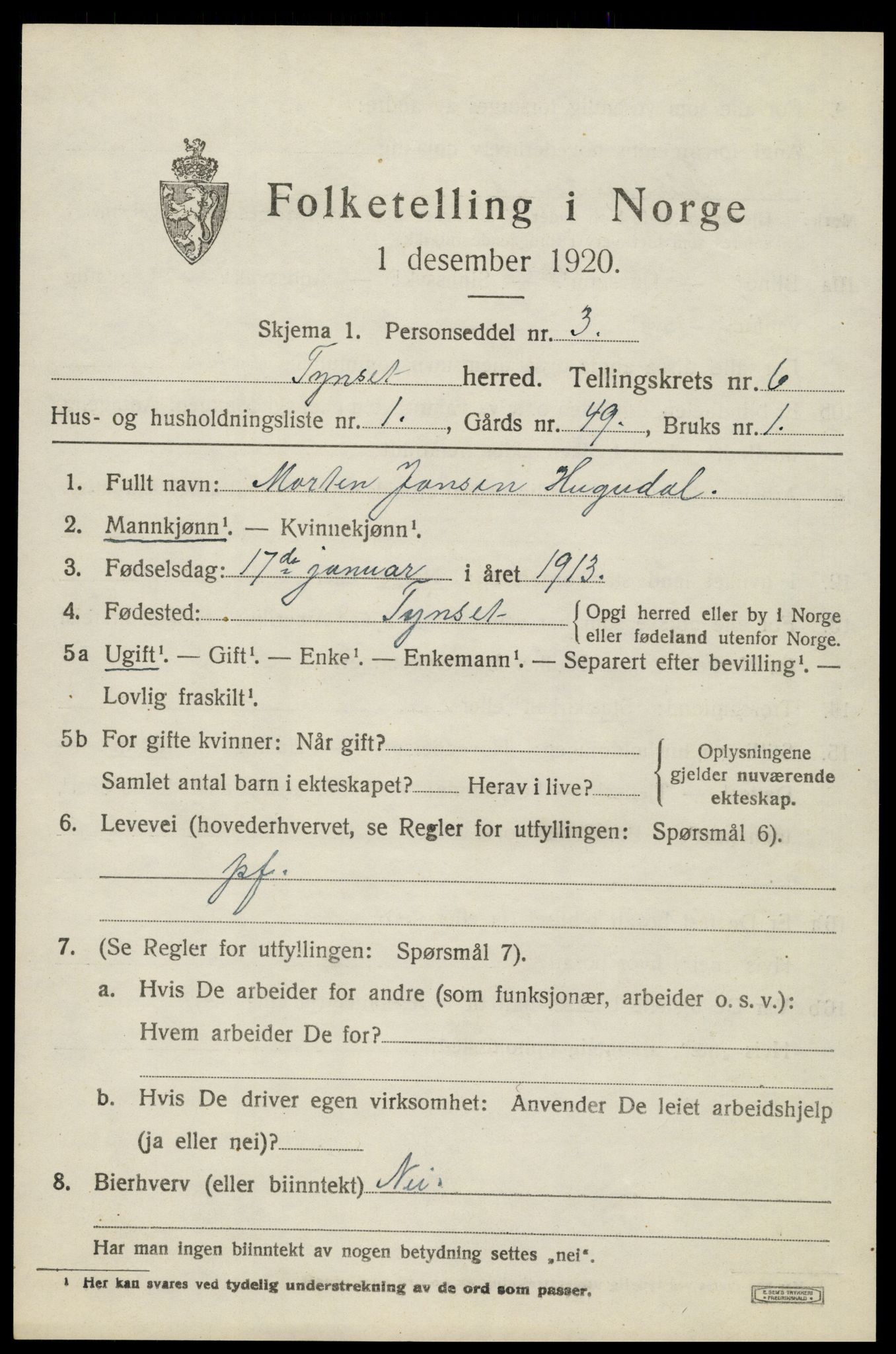 SAH, 1920 census for Tynset, 1920, p. 5514