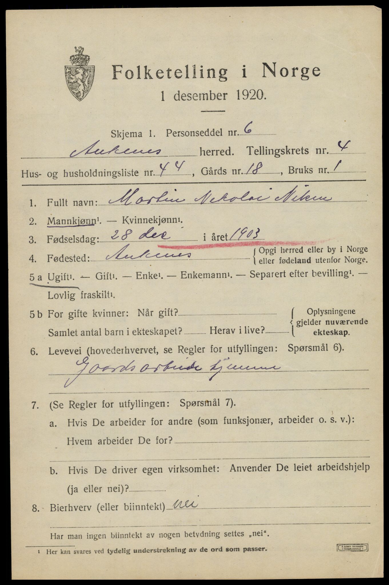 SAT, 1920 census for Ankenes, 1920, p. 3107