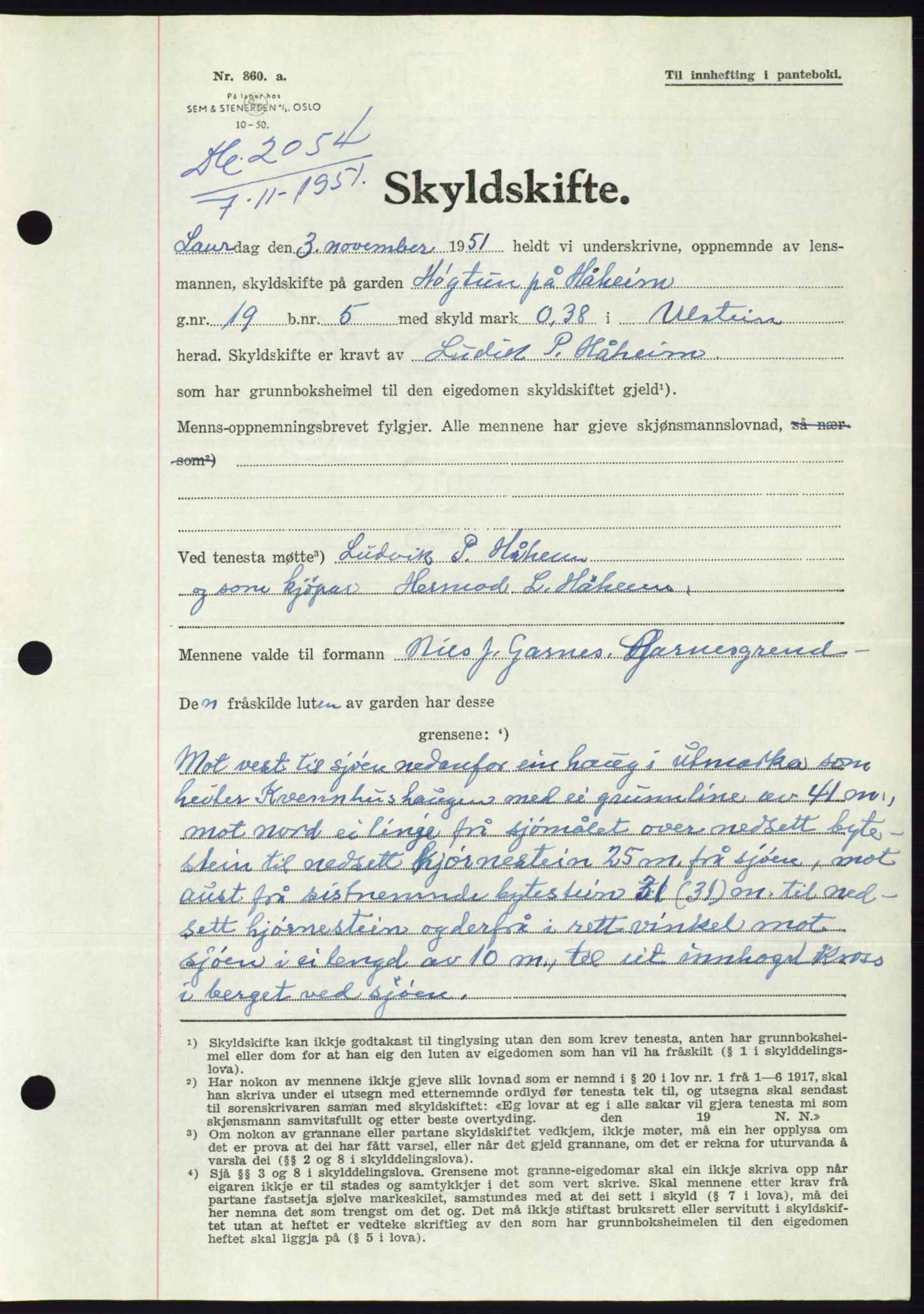 Søre Sunnmøre sorenskriveri, AV/SAT-A-4122/1/2/2C/L0090: Mortgage book no. 16A, 1951-1951, Diary no: : 2054/1951