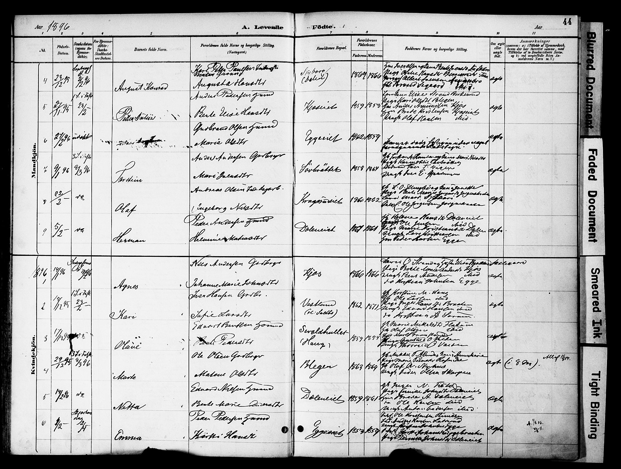 Gran prestekontor, AV/SAH-PREST-112/H/Ha/Haa/L0020: Parish register (official) no. 20, 1889-1899, p. 44