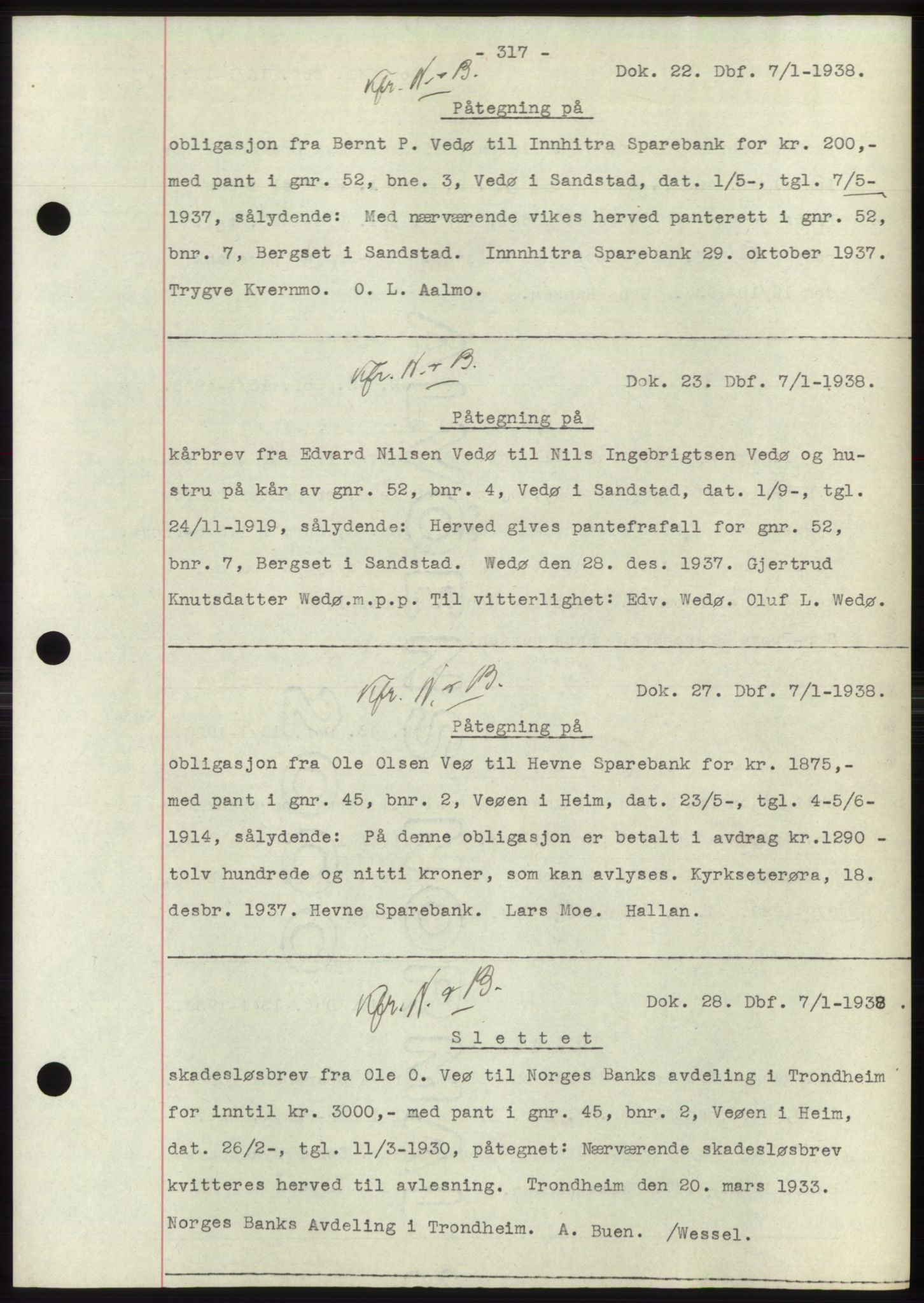 Hitra sorenskriveri, AV/SAT-A-0018/2/2C/2Ca: Mortgage book no. C1, 1936-1945, Diary no: : 22/1938