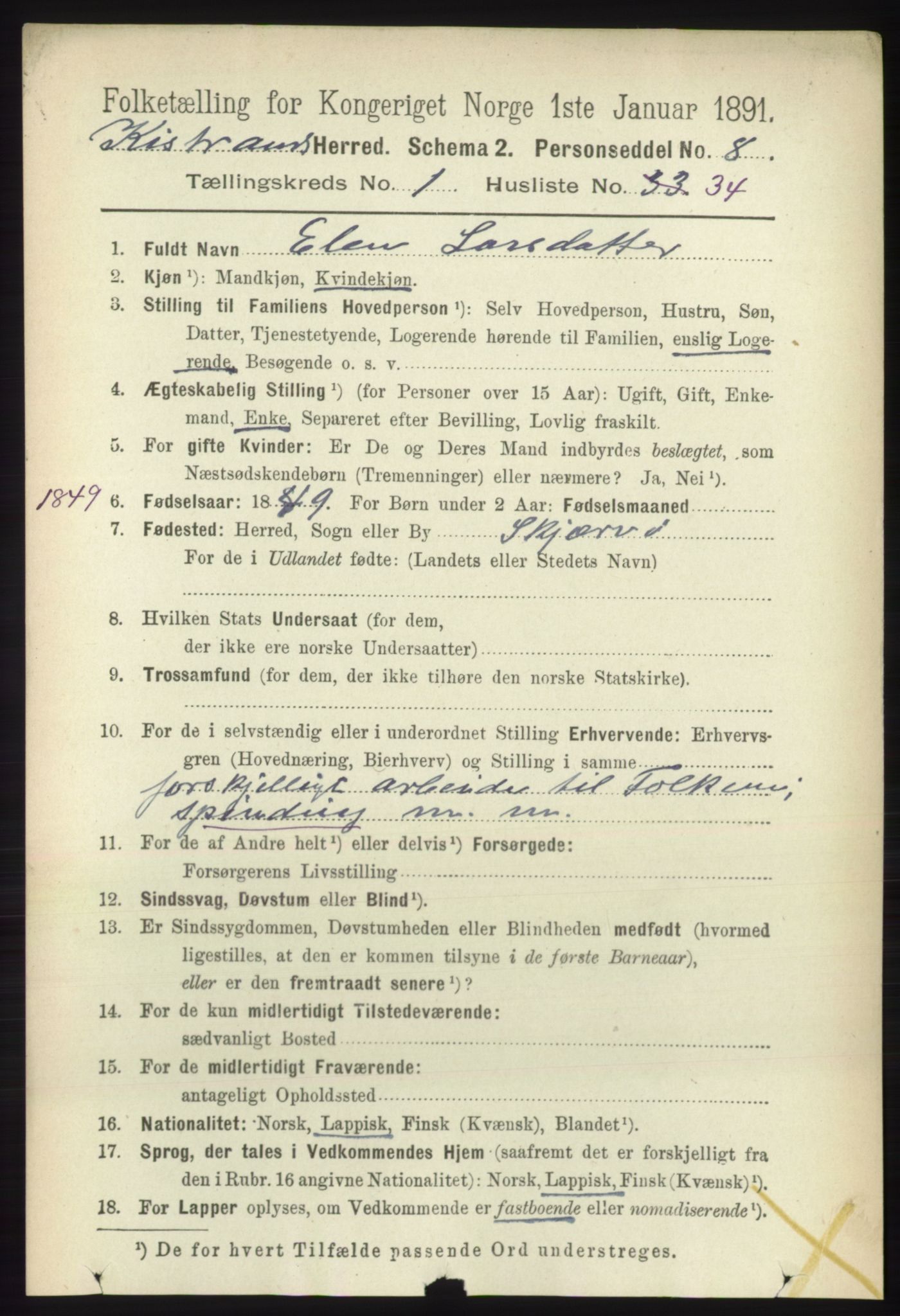 RA, 1891 census for 2020 Kistrand, 1891, p. 296