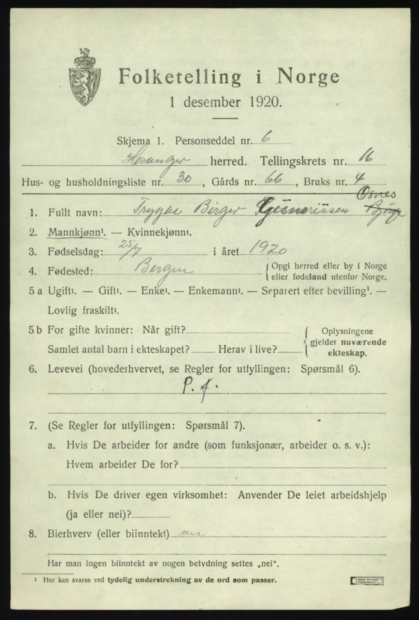 SAB, 1920 census for Hosanger, 1920, p. 6471