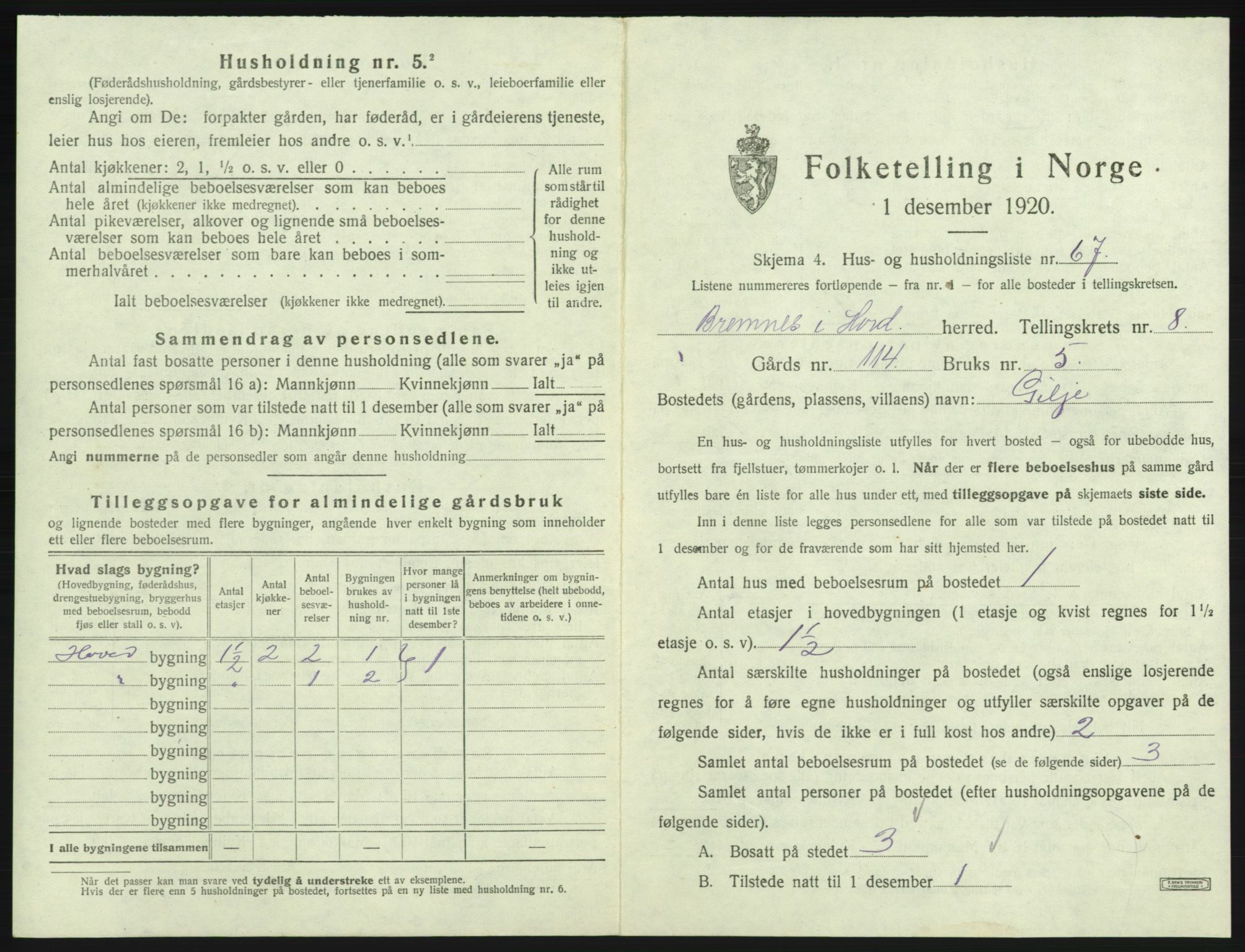 SAB, 1920 census for Bremnes, 1920, p. 766