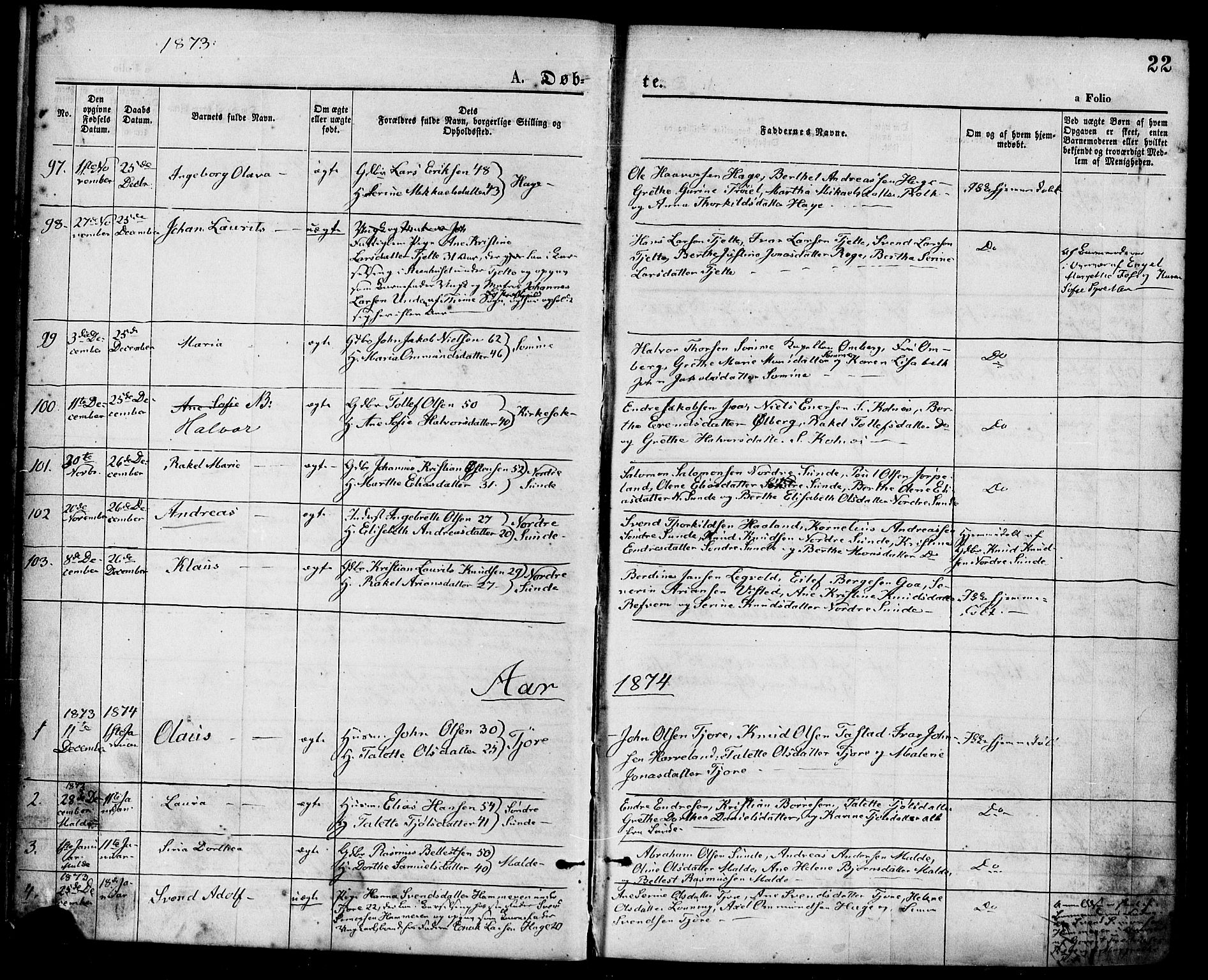 Håland sokneprestkontor, AV/SAST-A-101802/001/30BA/L0009: Parish register (official) no. A 8, 1871-1882, p. 22