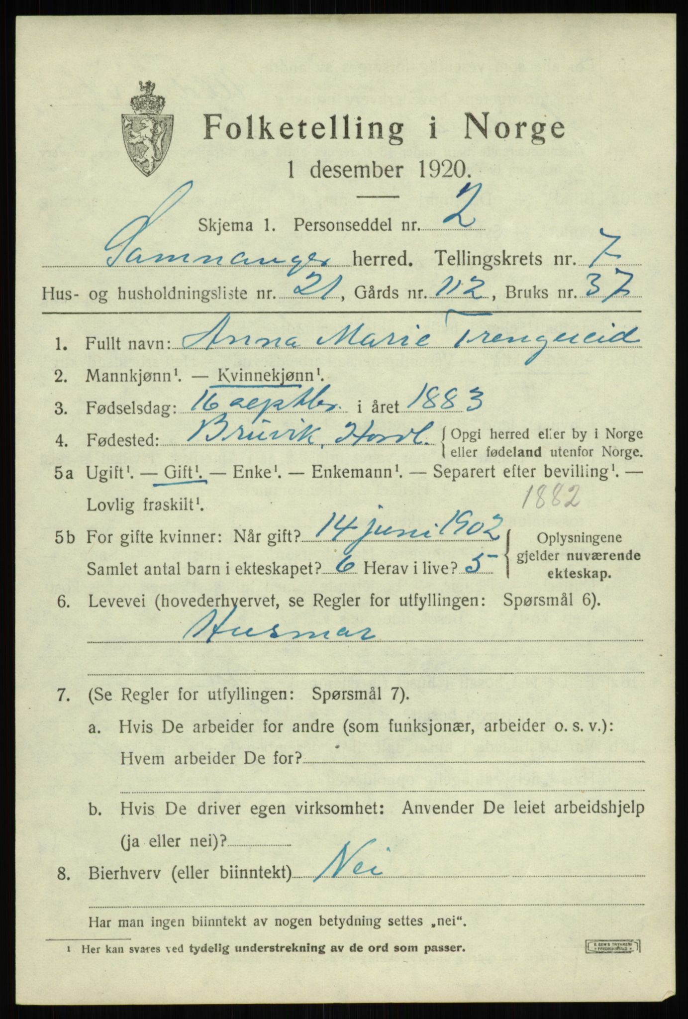 SAB, 1920 census for Samnanger, 1920, p. 3409