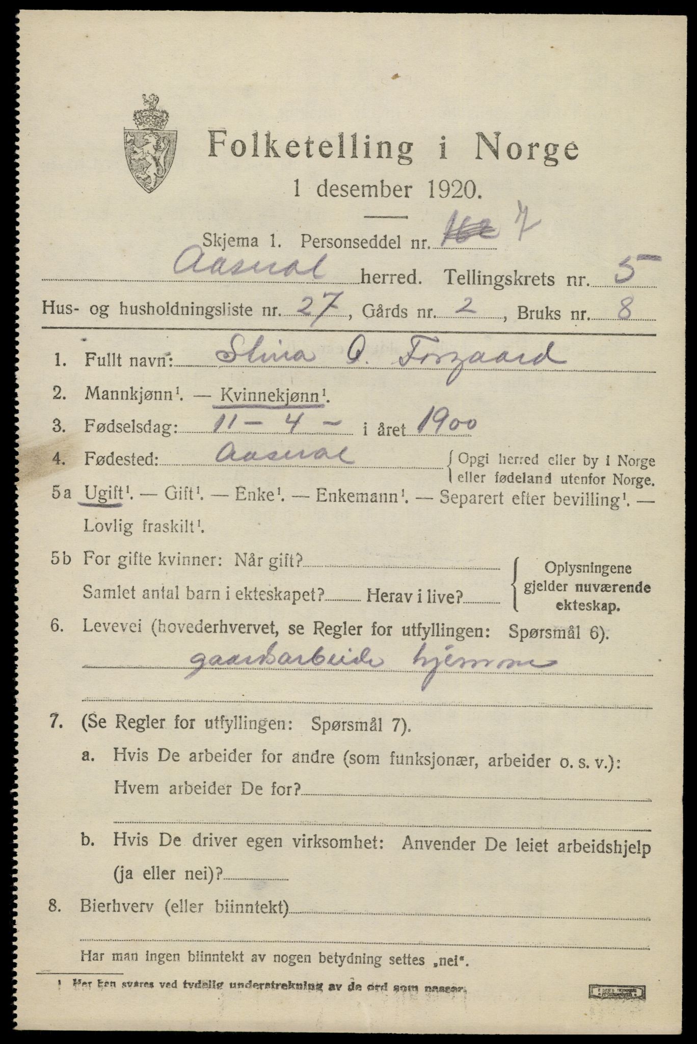 SAK, 1920 census for Åseral, 1920, p. 1786