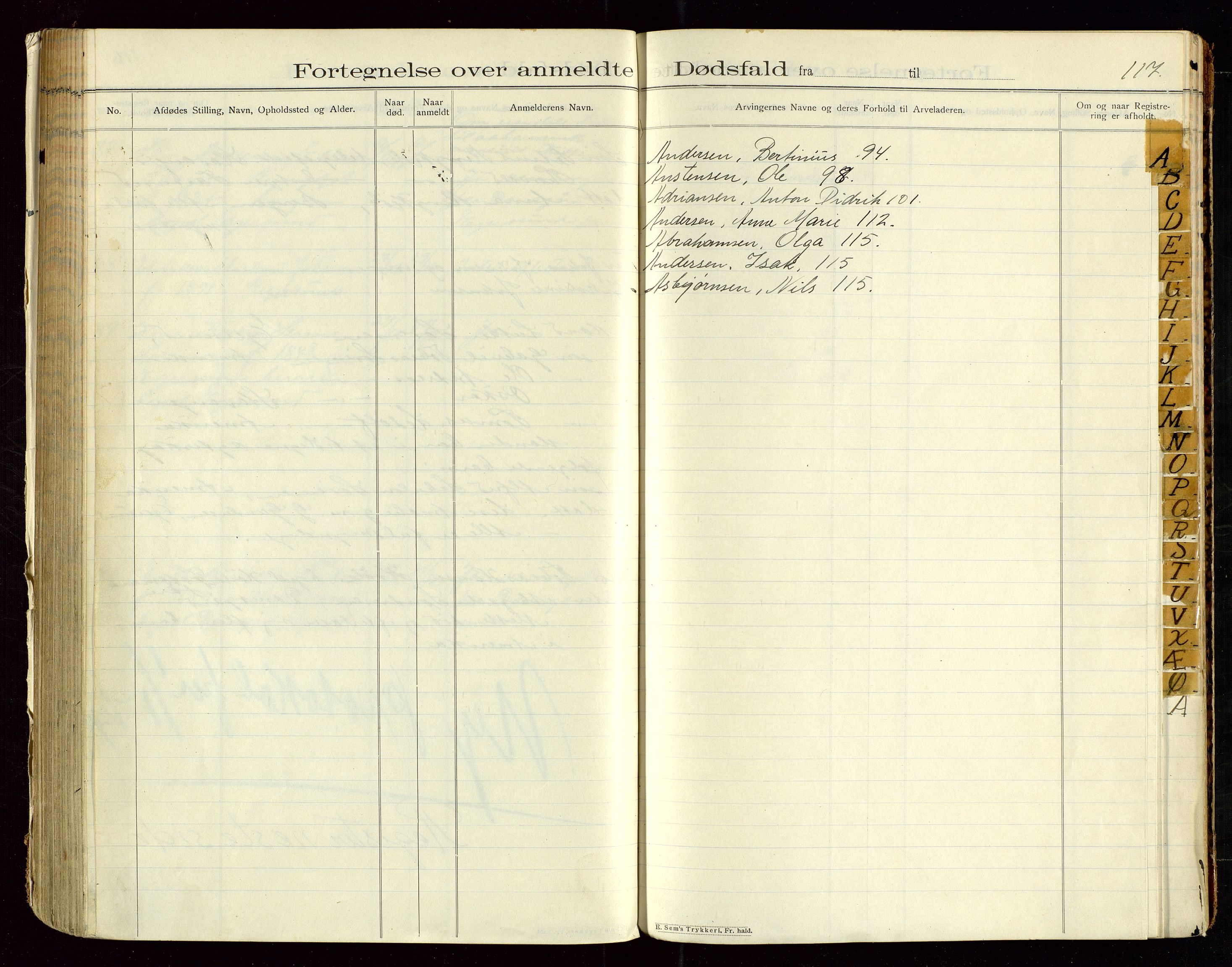 Eigersund lensmannskontor, SAST/A-100171/Gga/L0005: "Dødsfalds-Protokol" m/alfabetisk navneregister, 1905-1913, p. 117