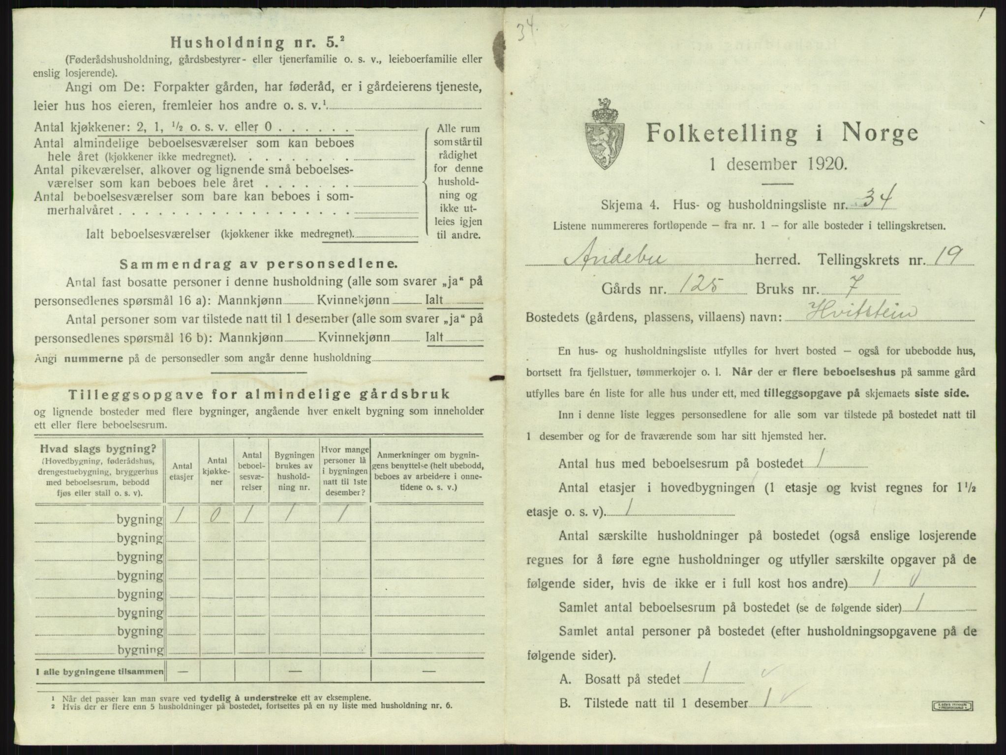 SAKO, 1920 census for Andebu, 1920, p. 1101