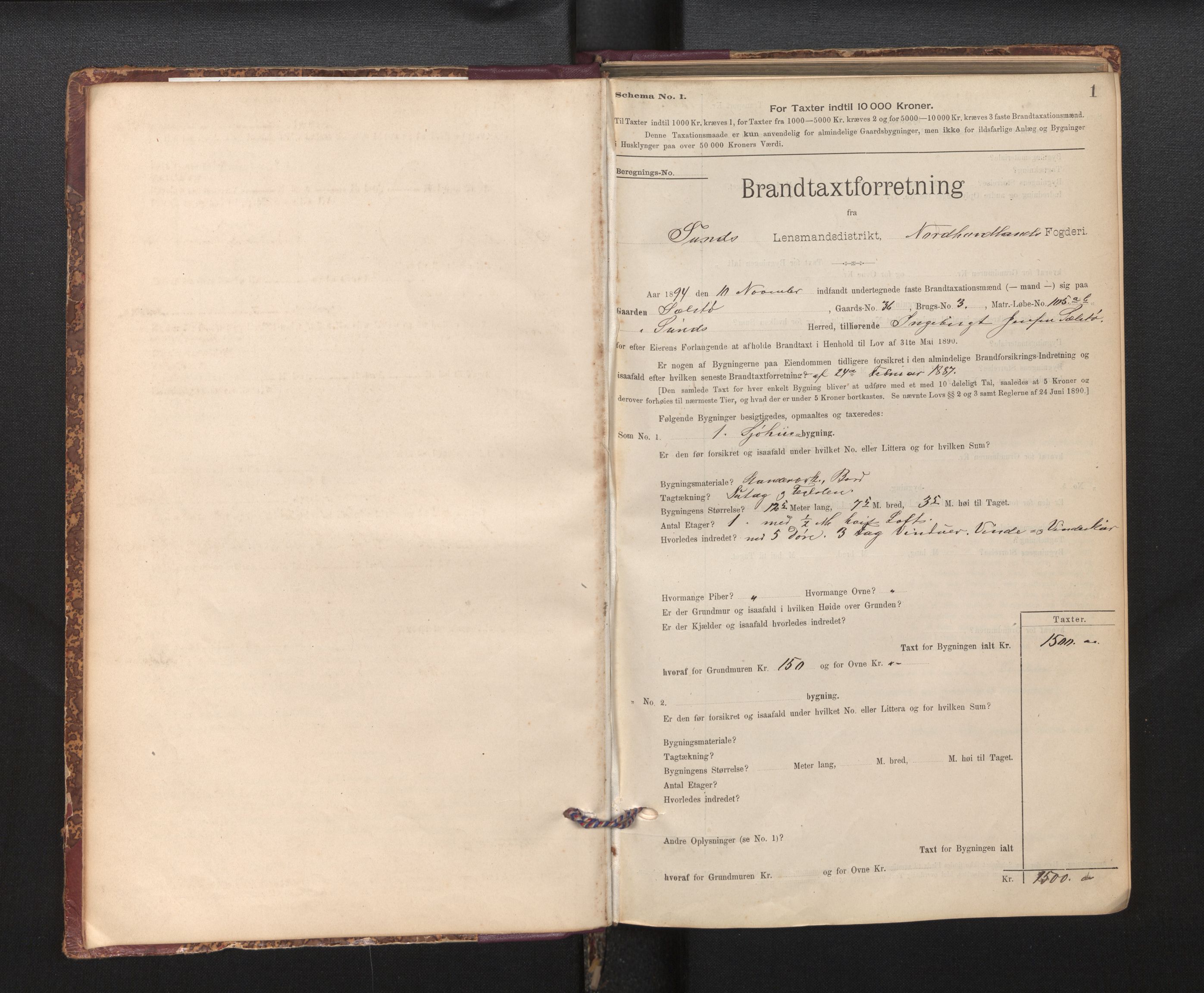 Lensmannen i Sund og Austevoll, SAB/A-35201/0012/L0003: Branntakstprotokoll, skjematakst, 1894-1917, p. 1