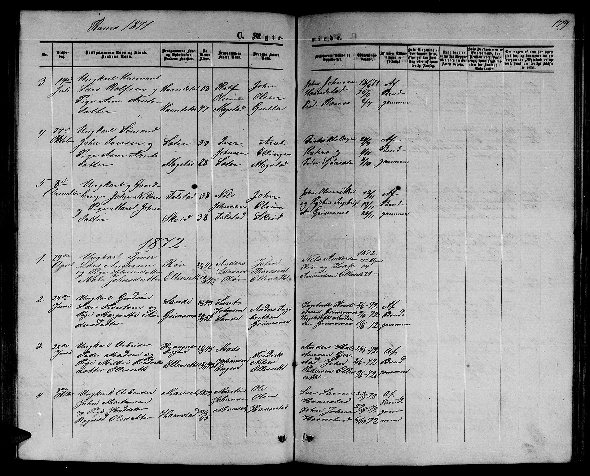 Ministerialprotokoller, klokkerbøker og fødselsregistre - Møre og Romsdal, AV/SAT-A-1454/595/L1051: Parish register (copy) no. 595C03, 1866-1891, p. 179