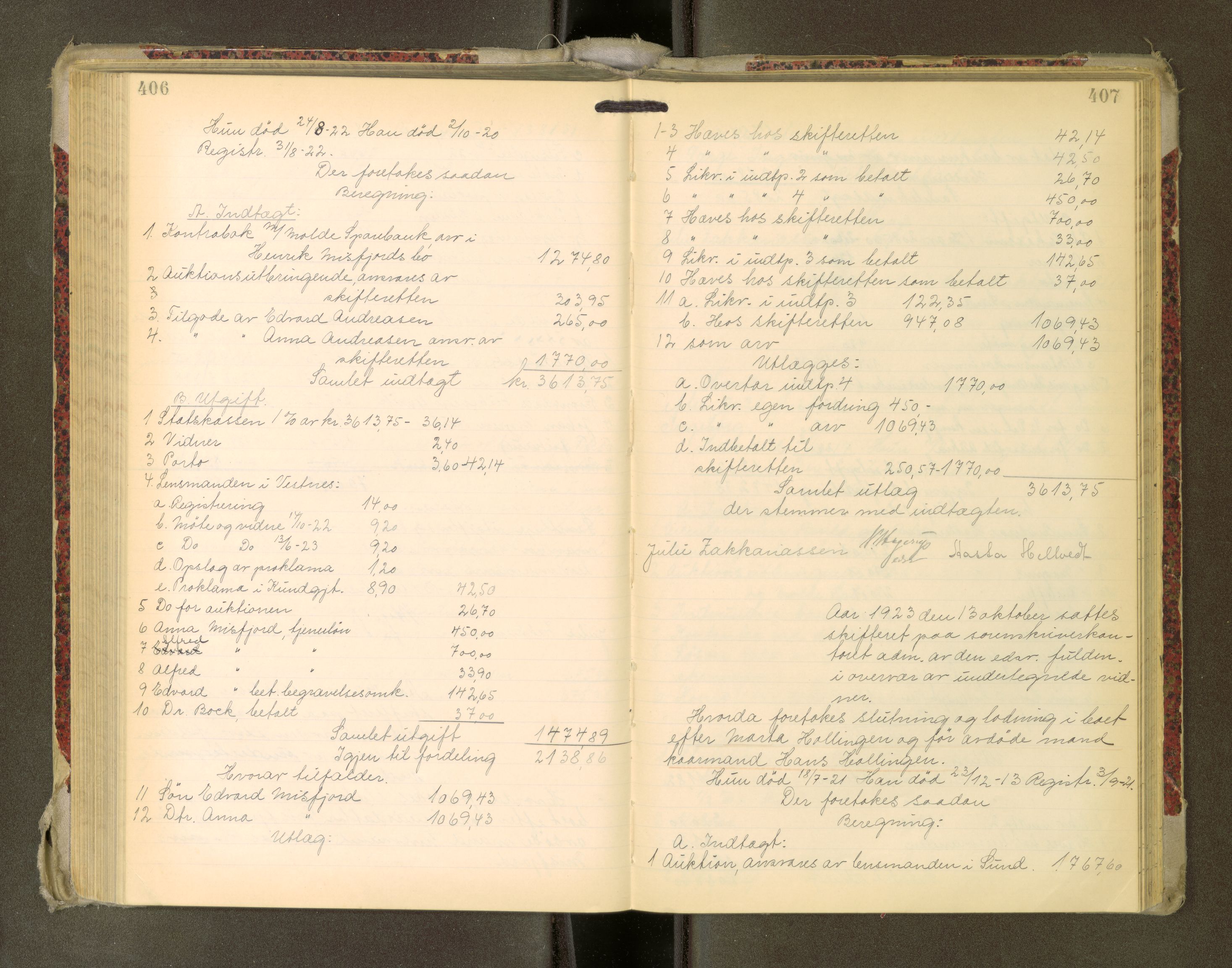 Romsdal sorenskriveri, AV/SAT-A-4149/1/3/3A/L0022: Skifteutlodnings Protokoll, 1920-1924, p. 406-407