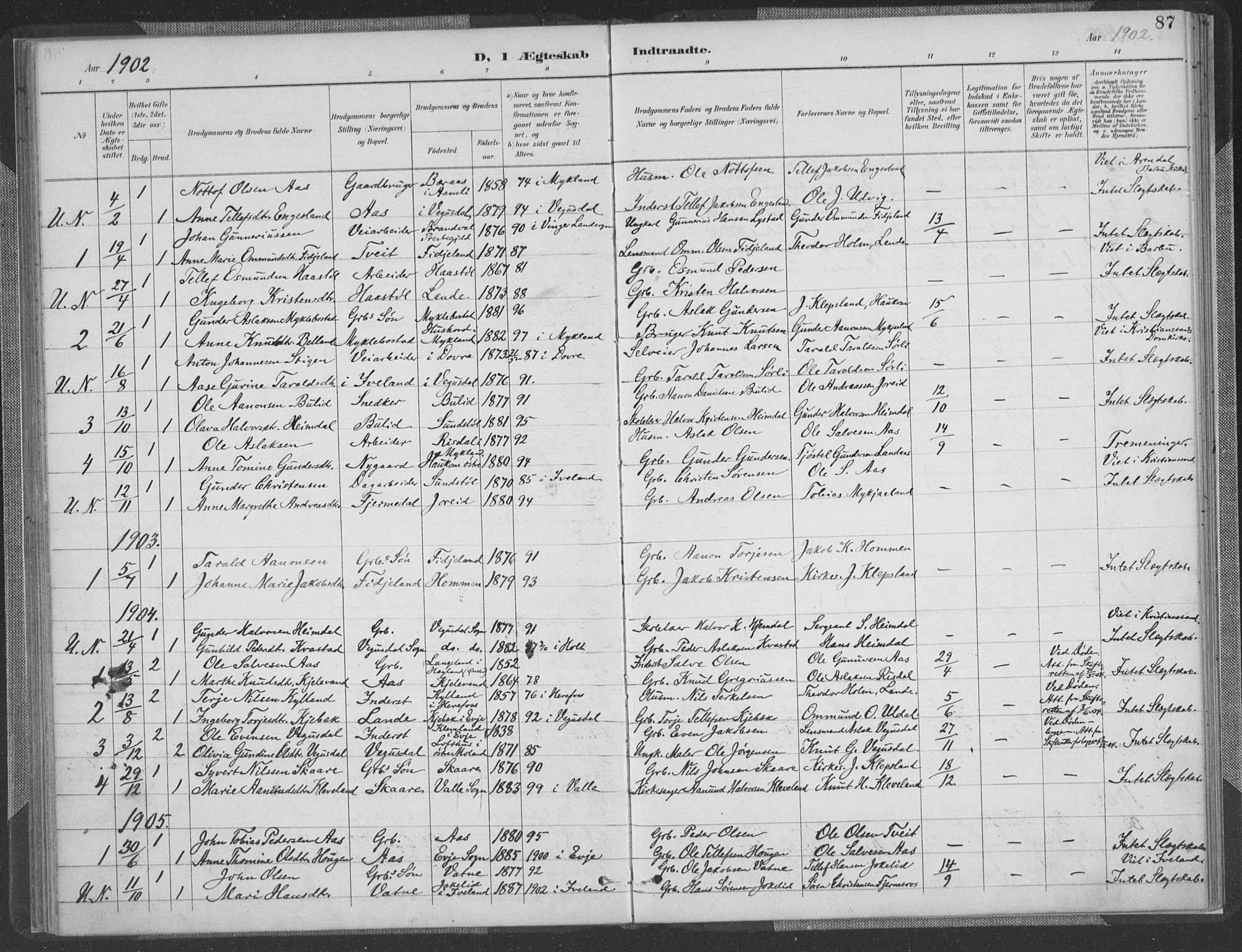 Herefoss sokneprestkontor, AV/SAK-1111-0019/F/Fa/Fab/L0004: Parish register (official) no. A 4, 1887-1909, p. 87