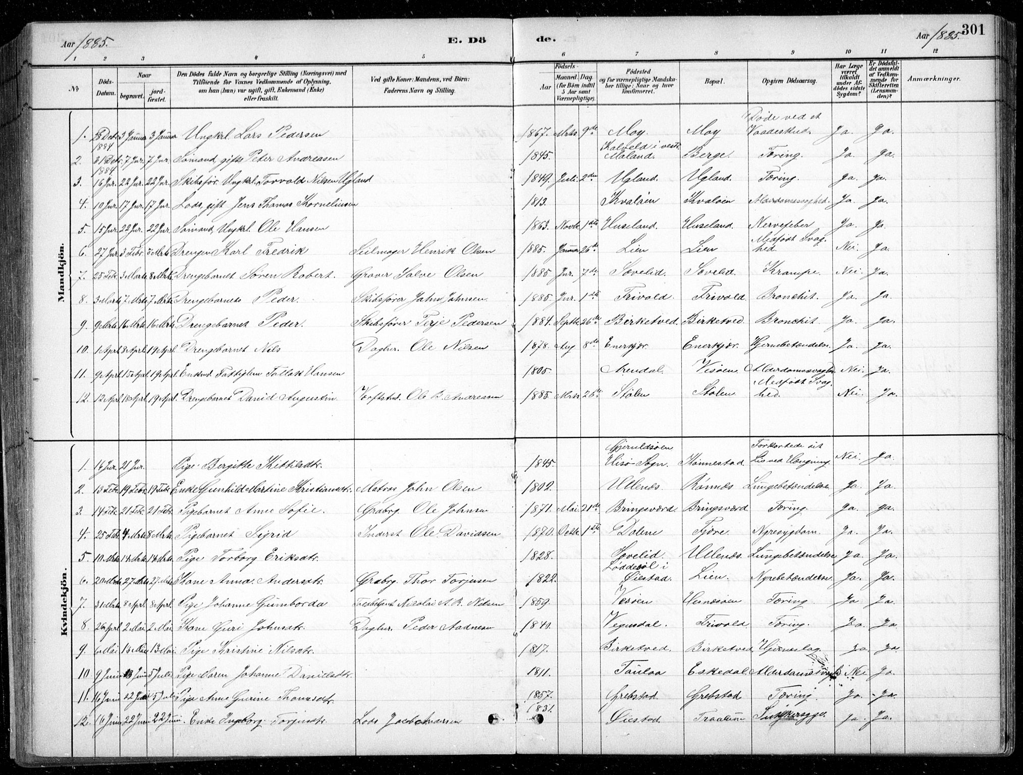Fjære sokneprestkontor, SAK/1111-0011/F/Fb/L0011: Parish register (copy) no. B 11, 1881-1905, p. 301