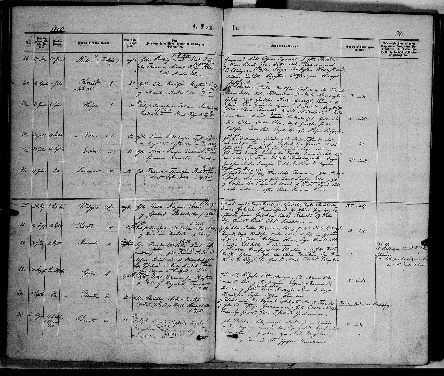 Vang prestekontor, Valdres, SAH/PREST-140/H/Ha/L0007: Parish register (official) no. 7, 1865-1881, p. 76
