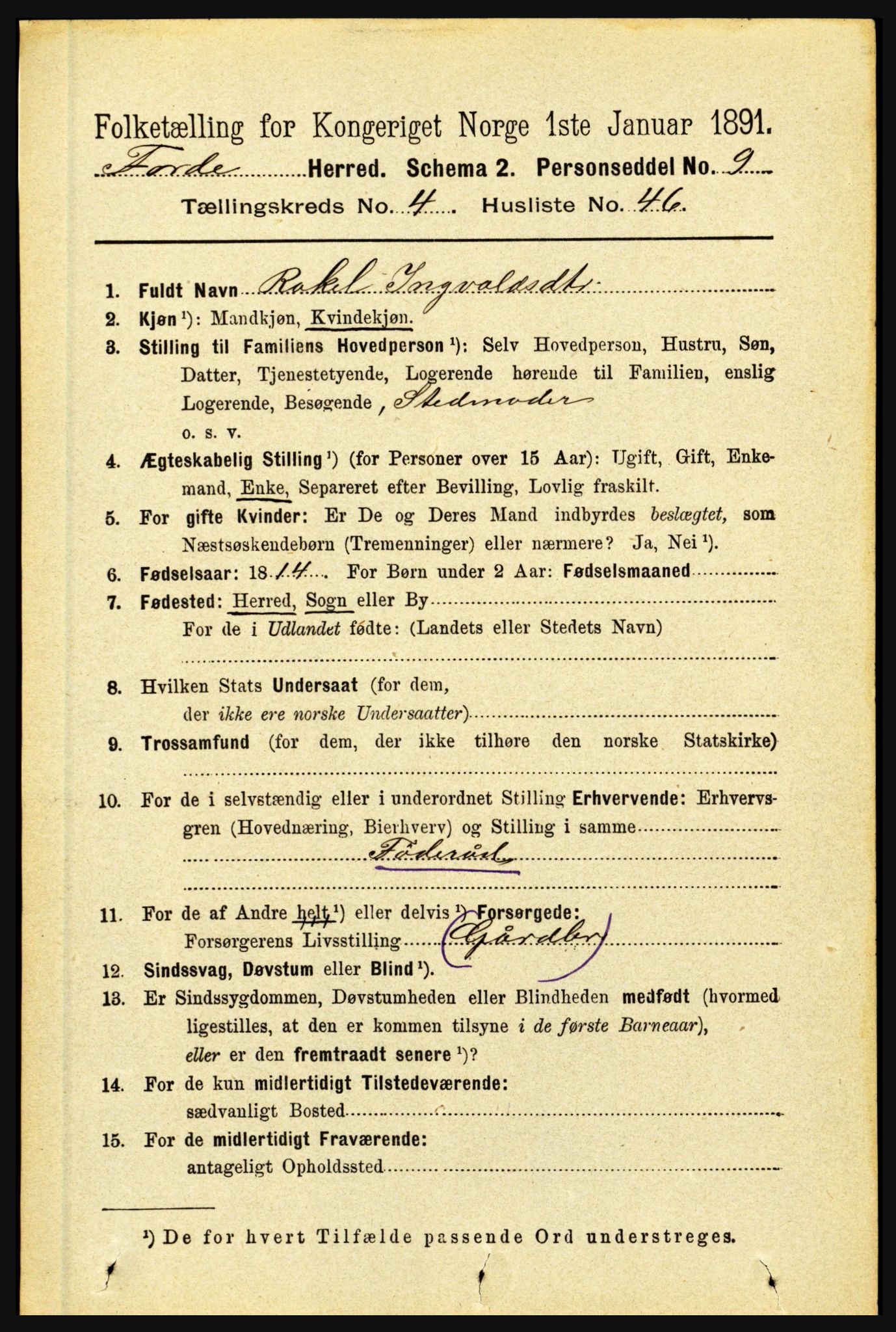 RA, 1891 census for 1432 Førde, 1891, p. 1327