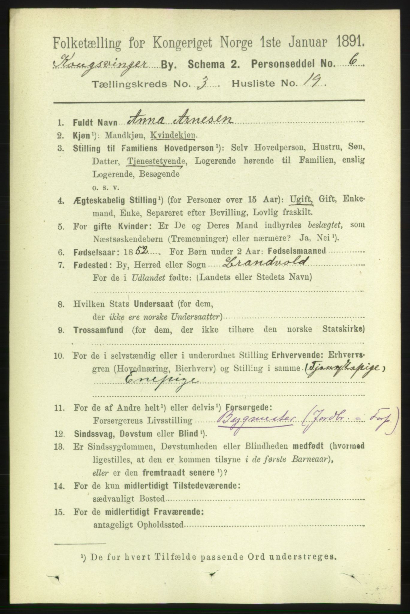 RA, 1891 census for 0402 Kongsvinger, 1891, p. 1333