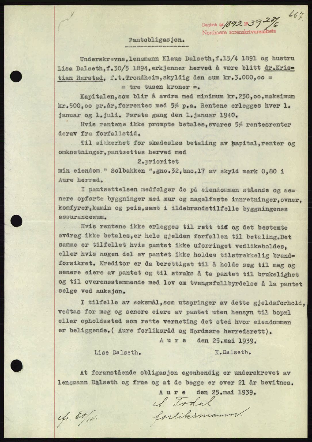 Nordmøre sorenskriveri, AV/SAT-A-4132/1/2/2Ca: Mortgage book no. B85, 1939-1939, Diary no: : 1892/1939