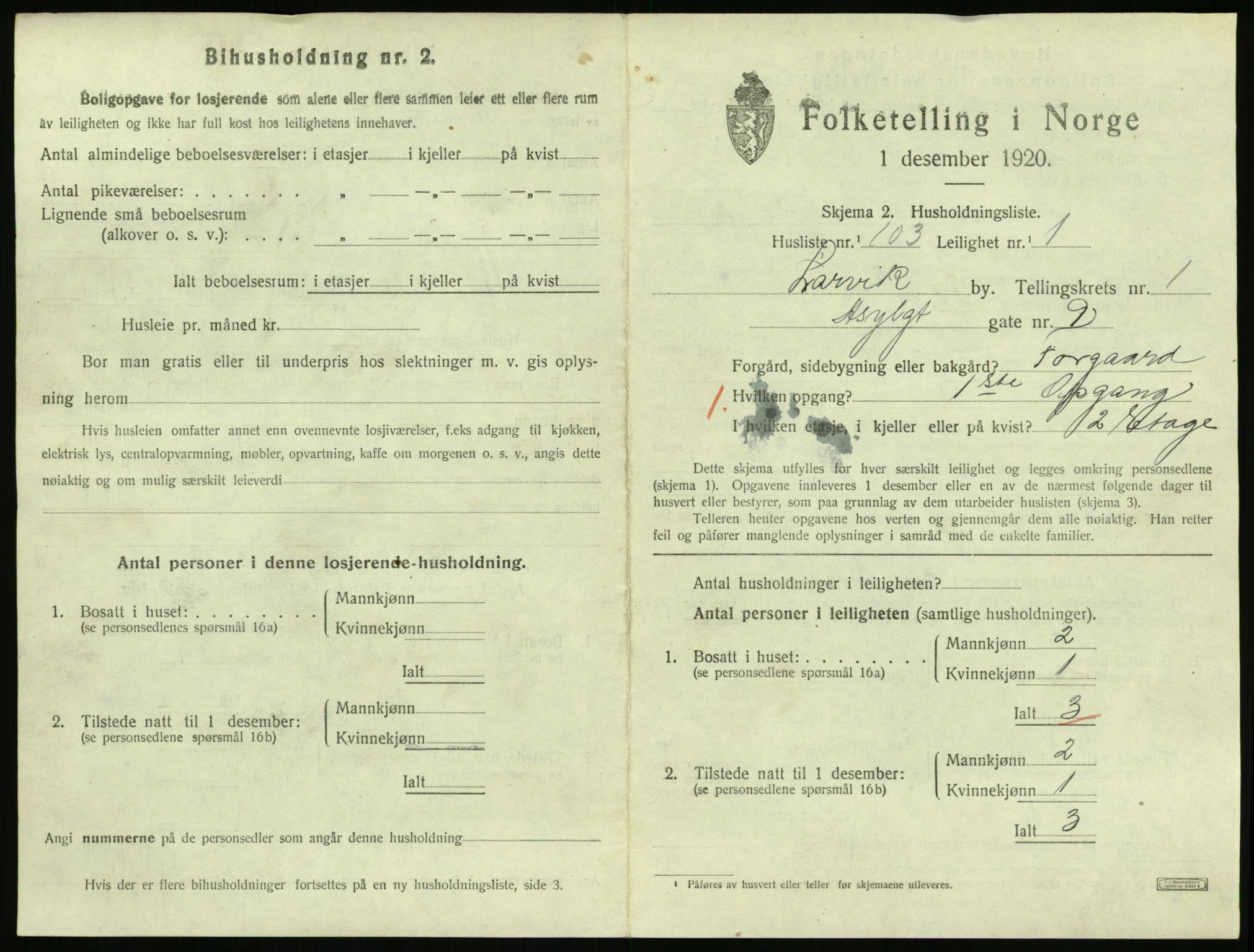 SAKO, 1920 census for Larvik, 1920, p. 3400