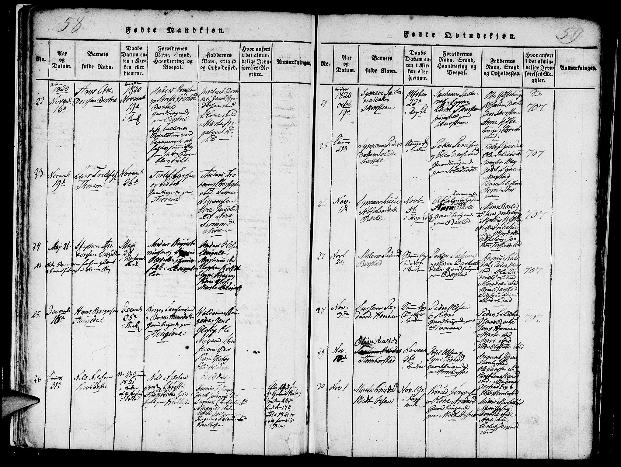 Davik sokneprestembete, AV/SAB-A-79701/H/Haa/Haaa/L0003: Parish register (official) no. A 3, 1816-1830, p. 58-59