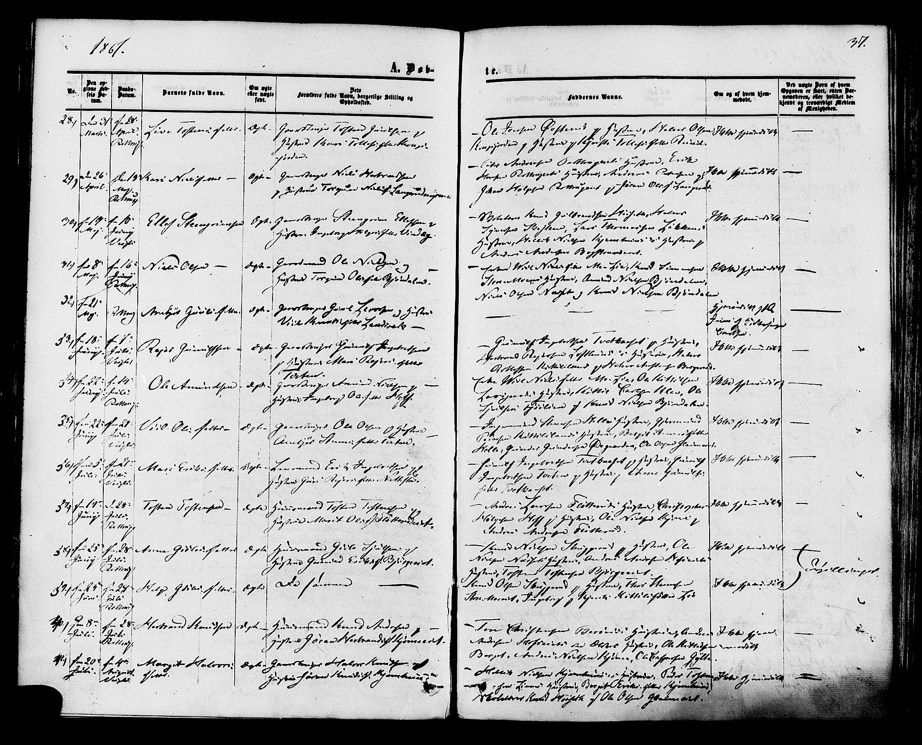 Rollag kirkebøker, AV/SAKO-A-240/F/Fa/L0009: Parish register (official) no. I 9, 1860-1874, p. 37