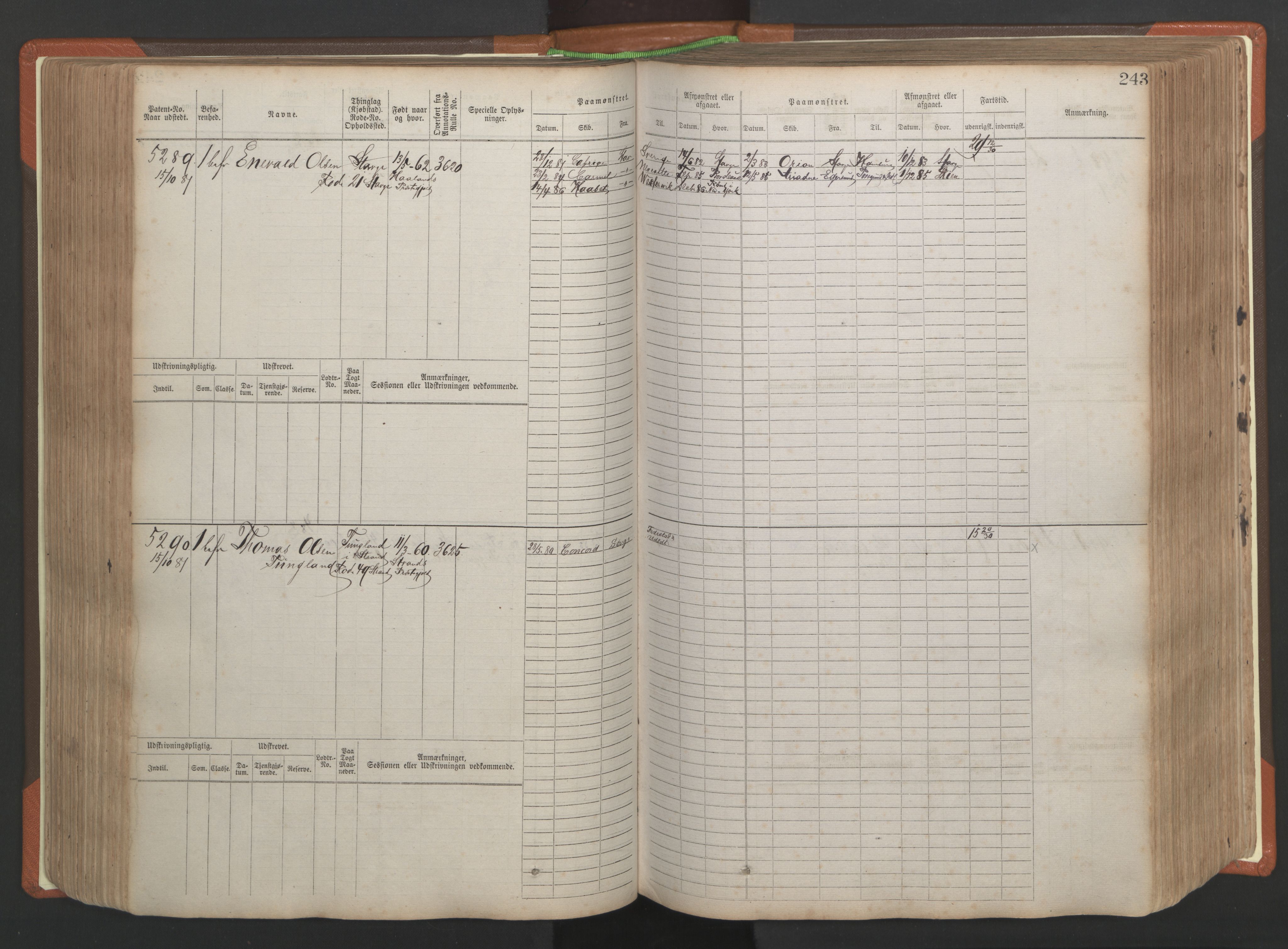 Stavanger sjømannskontor, AV/SAST-A-102006/F/Fb/Fbb/L0009: Sjøfartshovedrulle, patentnr. 4805-6006, 1879-1887, p. 249