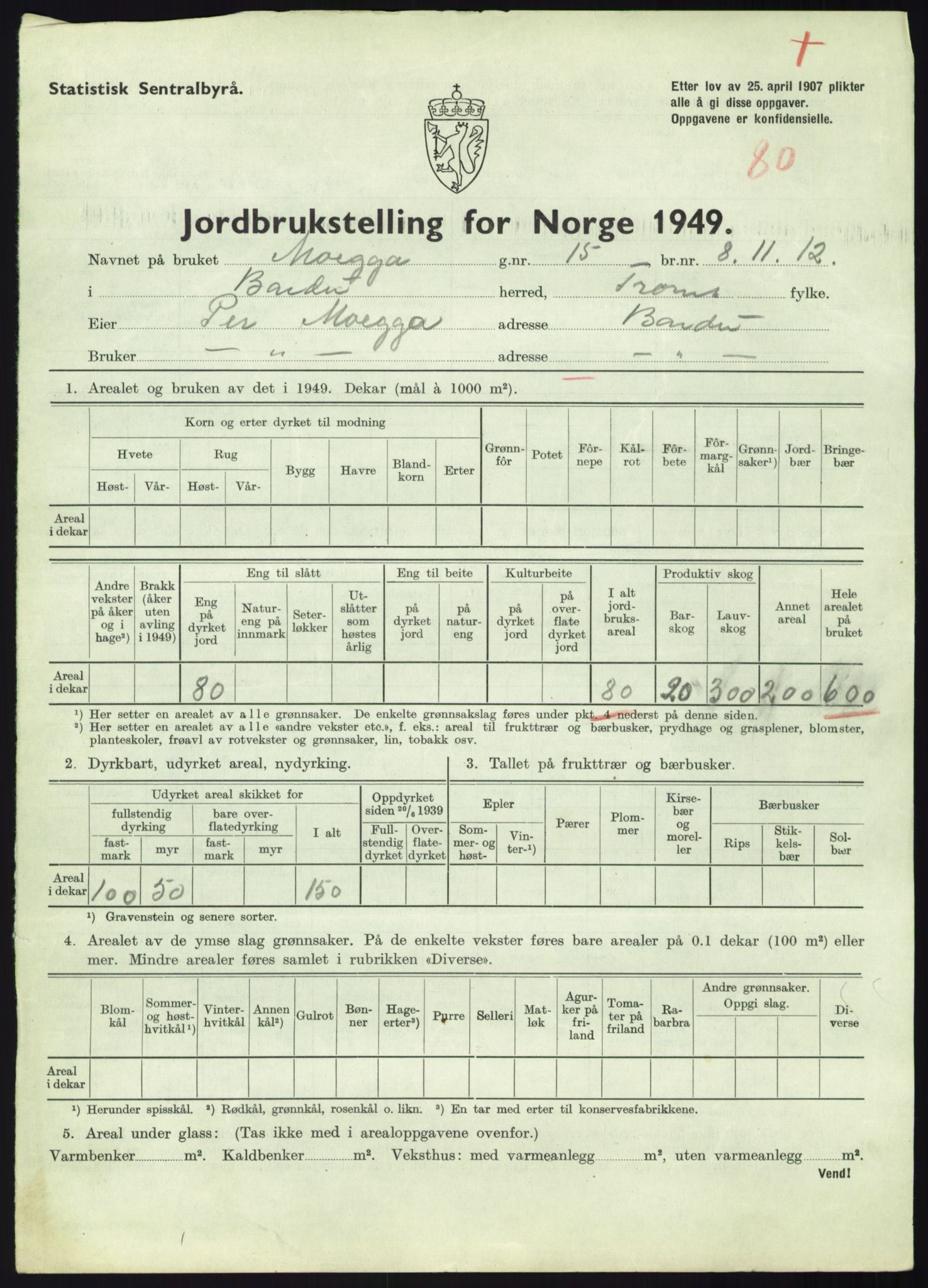 Statistisk sentralbyrå, Næringsøkonomiske emner, Jordbruk, skogbruk, jakt, fiske og fangst, AV/RA-S-2234/G/Gc/L0438: Troms: Salangen og Bardu, 1949, p. 1537