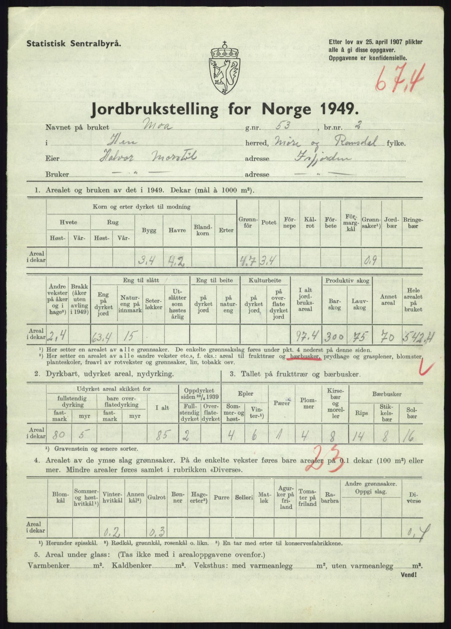 Statistisk sentralbyrå, Næringsøkonomiske emner, Jordbruk, skogbruk, jakt, fiske og fangst, AV/RA-S-2234/G/Gc/L0323: Møre og Romsdal: Grytten og Hen, 1949, p. 845