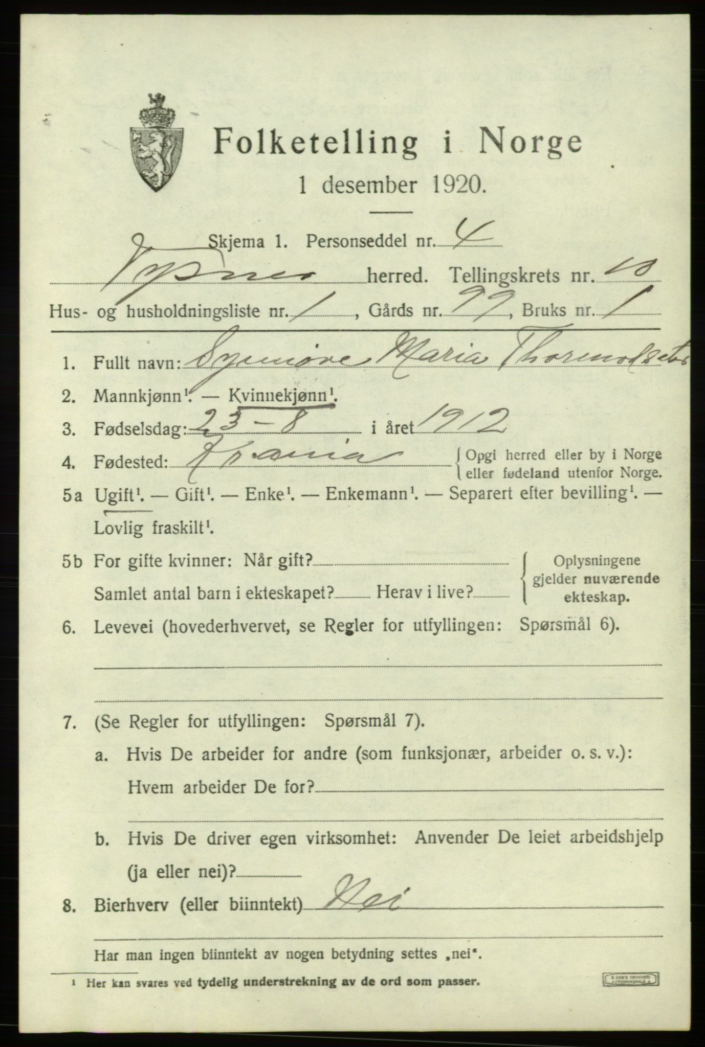 SAB, 1920 census for Tysnes, 1920, p. 7216