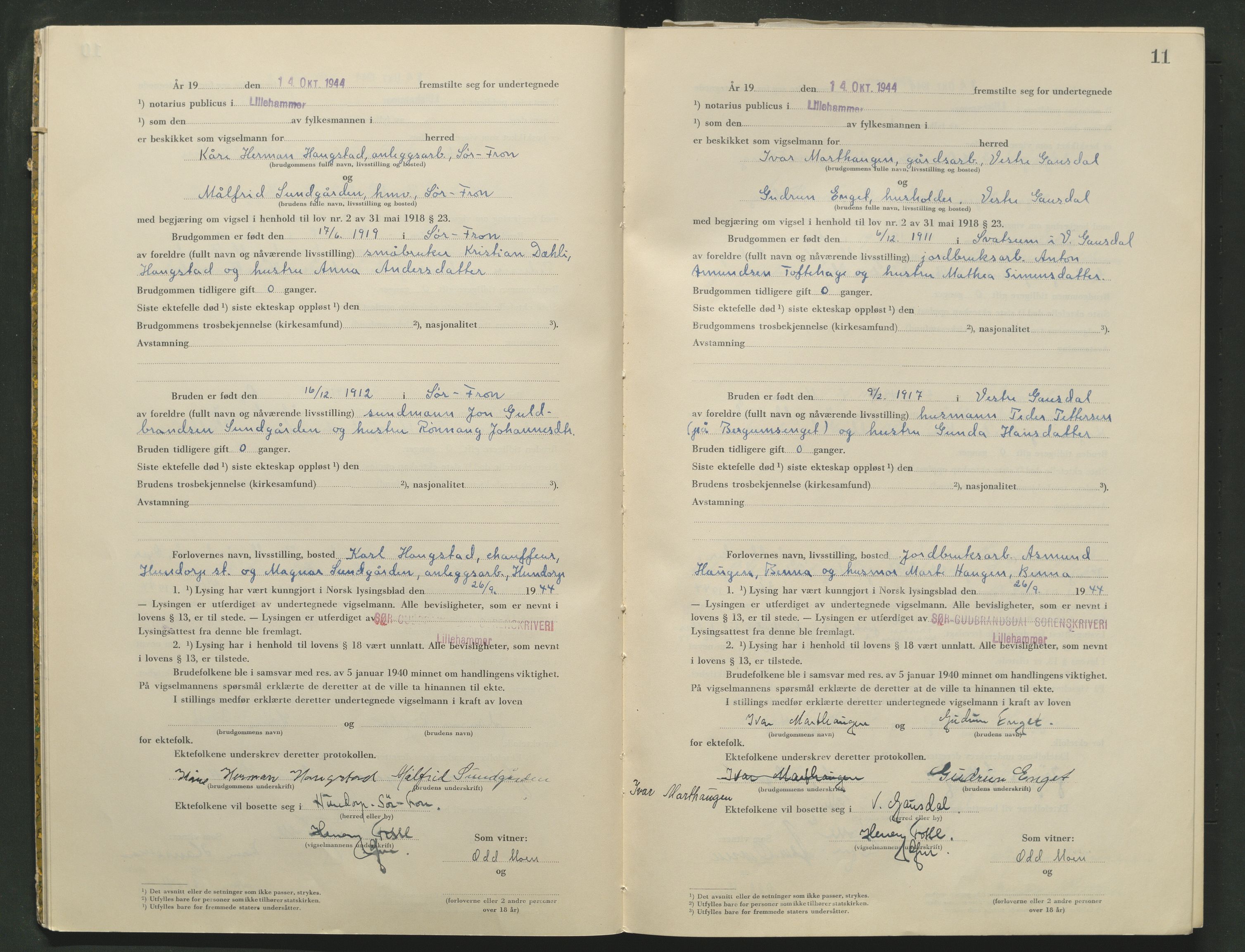 Sør-Gudbrandsdal tingrett, AV/SAH-TING-004/L/Lc/L0005: Vigselsprotokoll, 1944-1946, p. 11