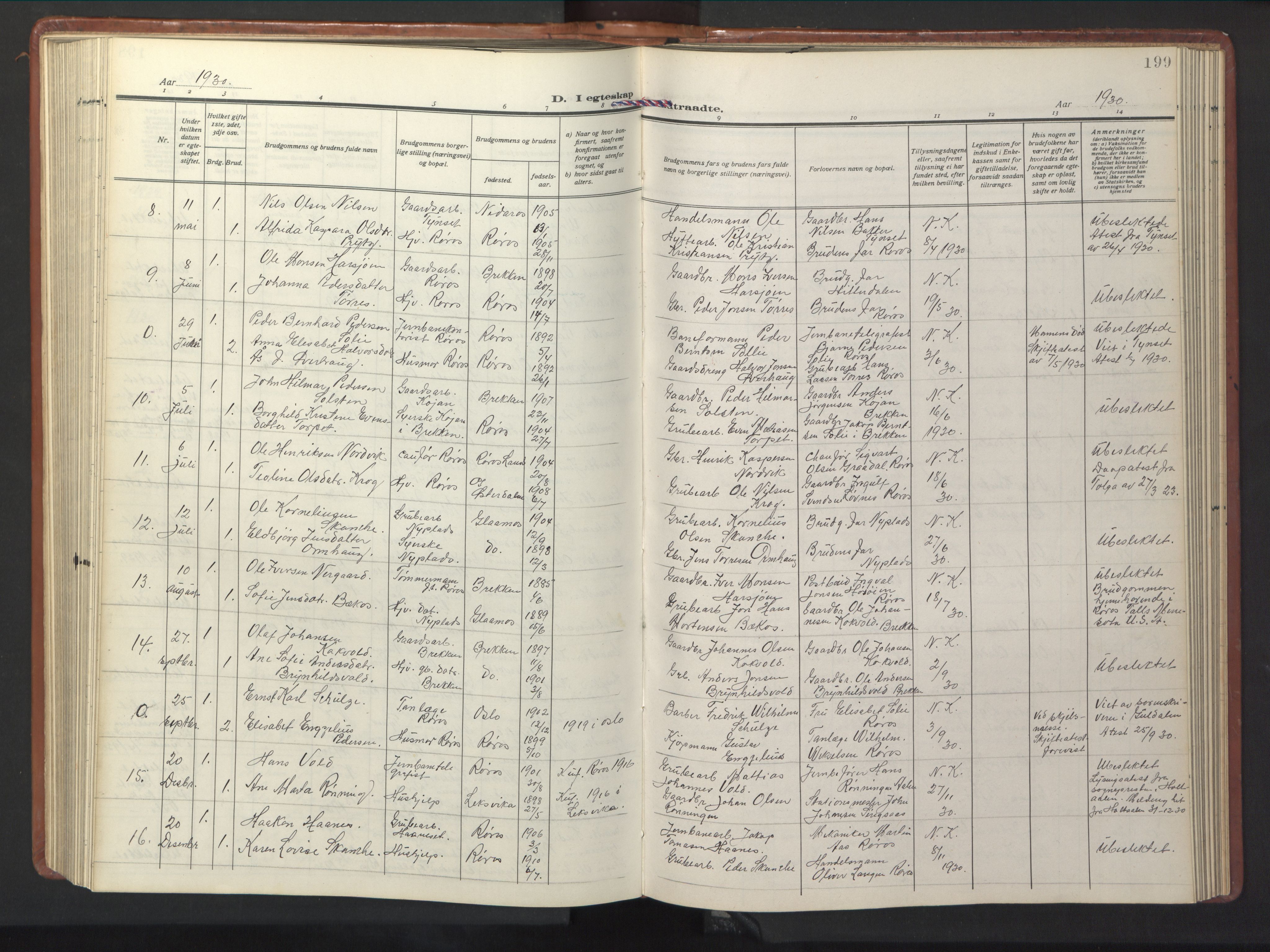 Ministerialprotokoller, klokkerbøker og fødselsregistre - Sør-Trøndelag, SAT/A-1456/681/L0943: Parish register (copy) no. 681C07, 1926-1954, p. 199