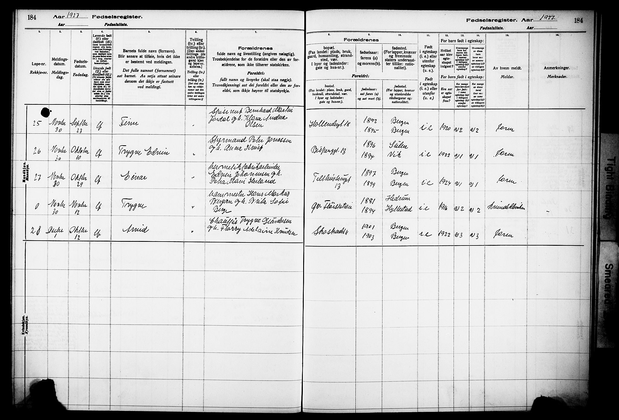 Korskirken sokneprestembete, SAB/A-76101/I/Id/L00A1: Birth register no. A 1, 1916-1929, p. 184