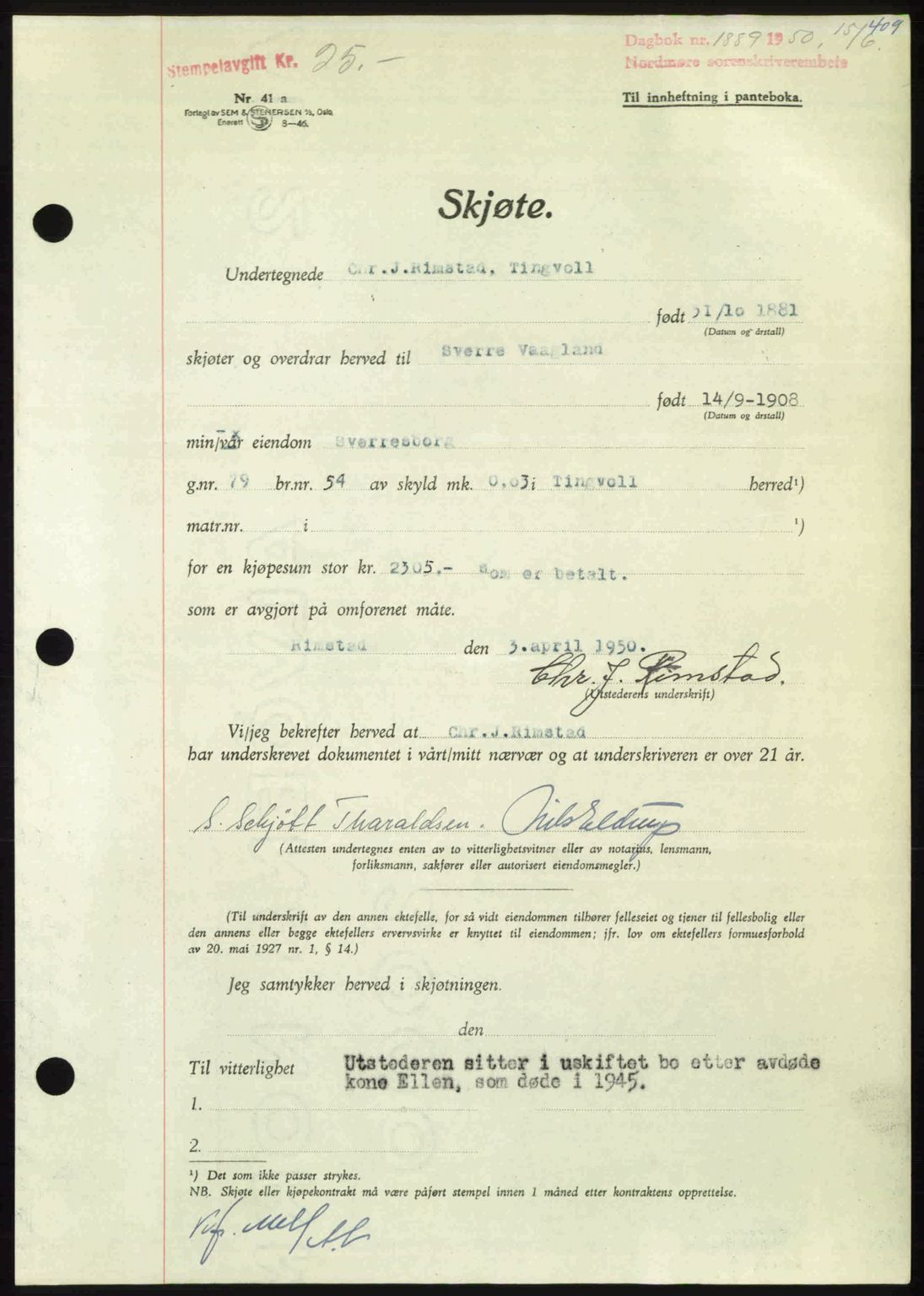 Nordmøre sorenskriveri, AV/SAT-A-4132/1/2/2Ca: Mortgage book no. A115, 1950-1950, Diary no: : 1889/1950