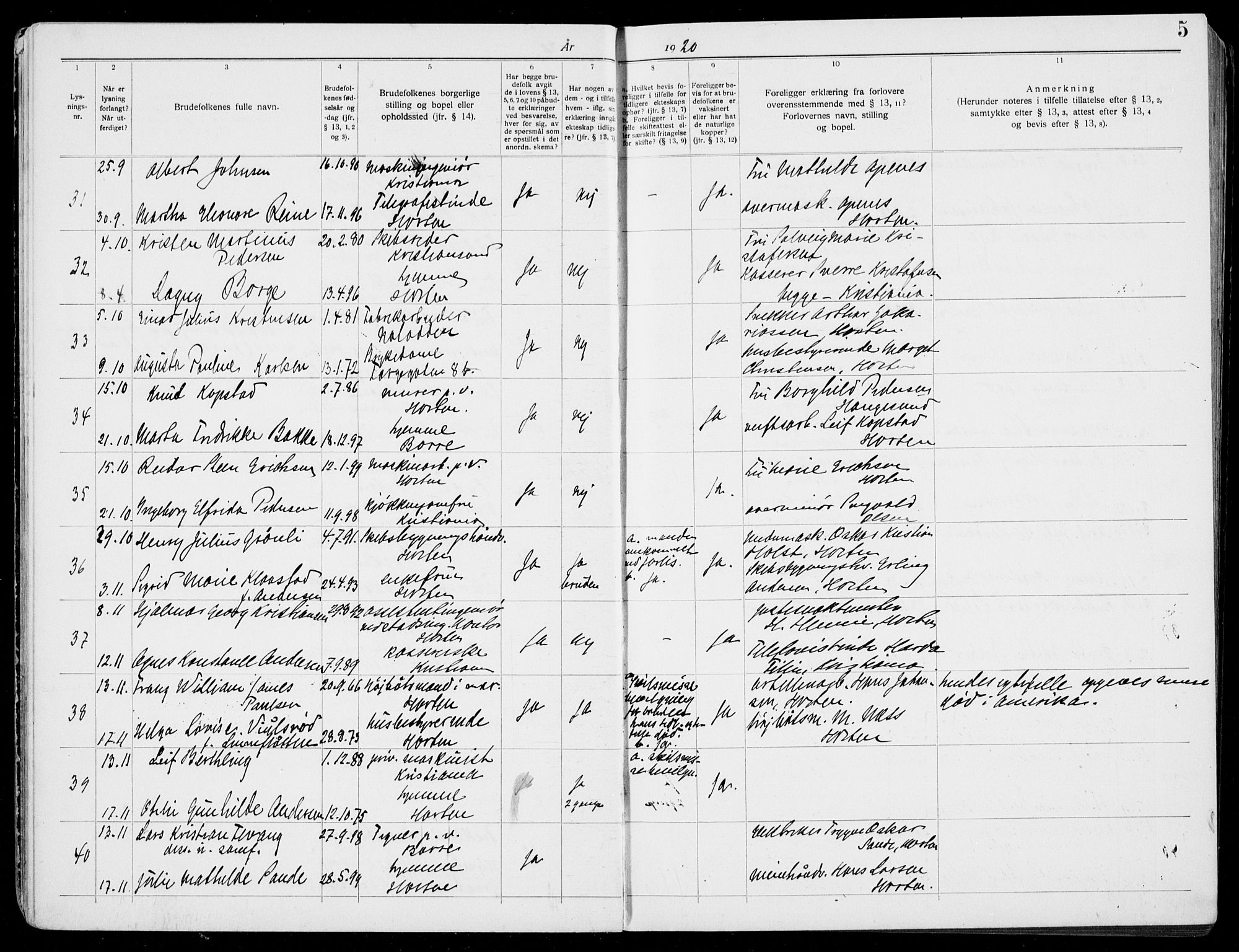 Horten kirkebøker, AV/SAKO-A-348/H/Ha/L0006: Banns register no. 6, 1920-1934, p. 5
