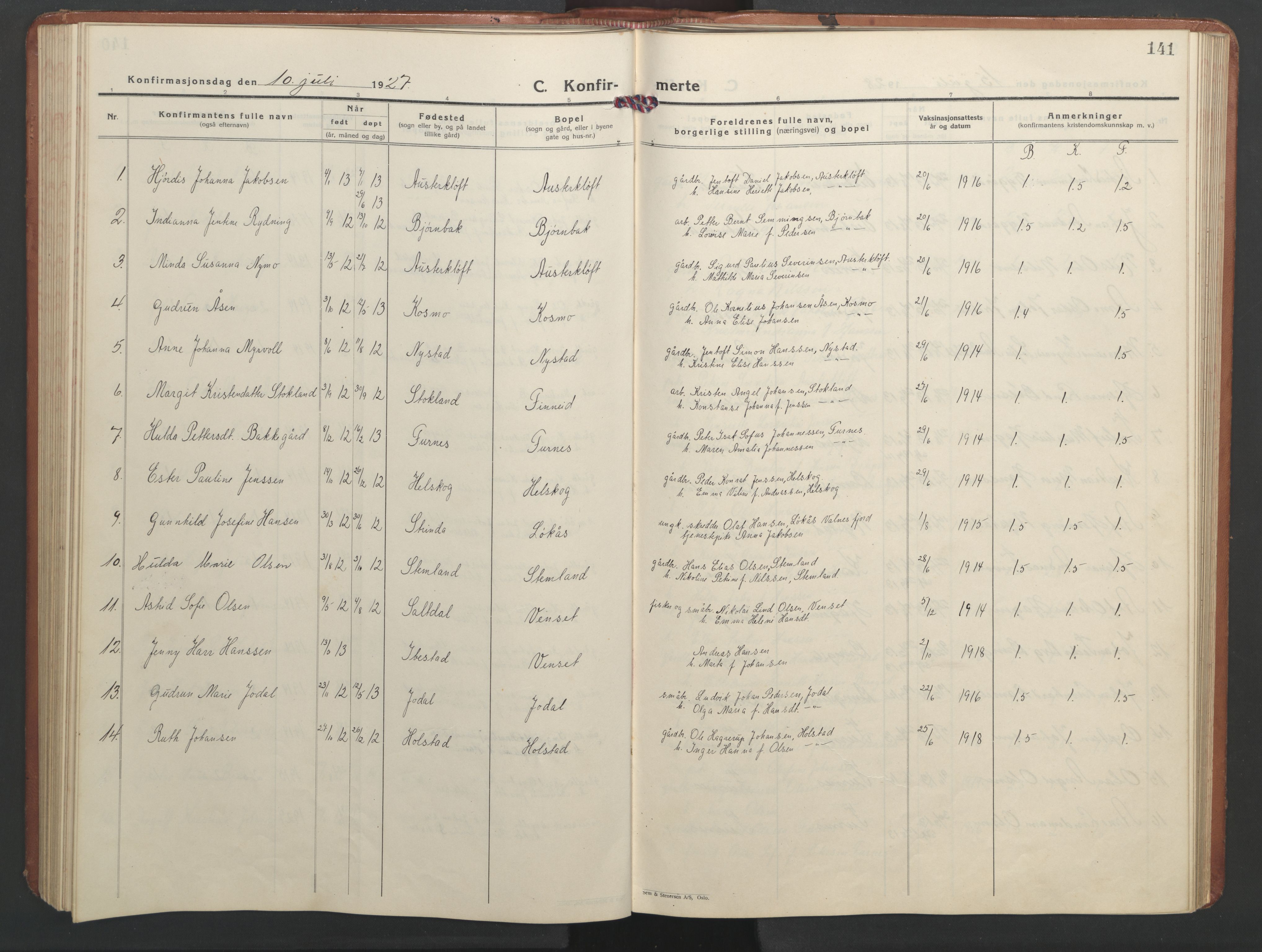 Ministerialprotokoller, klokkerbøker og fødselsregistre - Nordland, AV/SAT-A-1459/851/L0727: Parish register (copy) no. 851C02, 1925-1948, p. 141