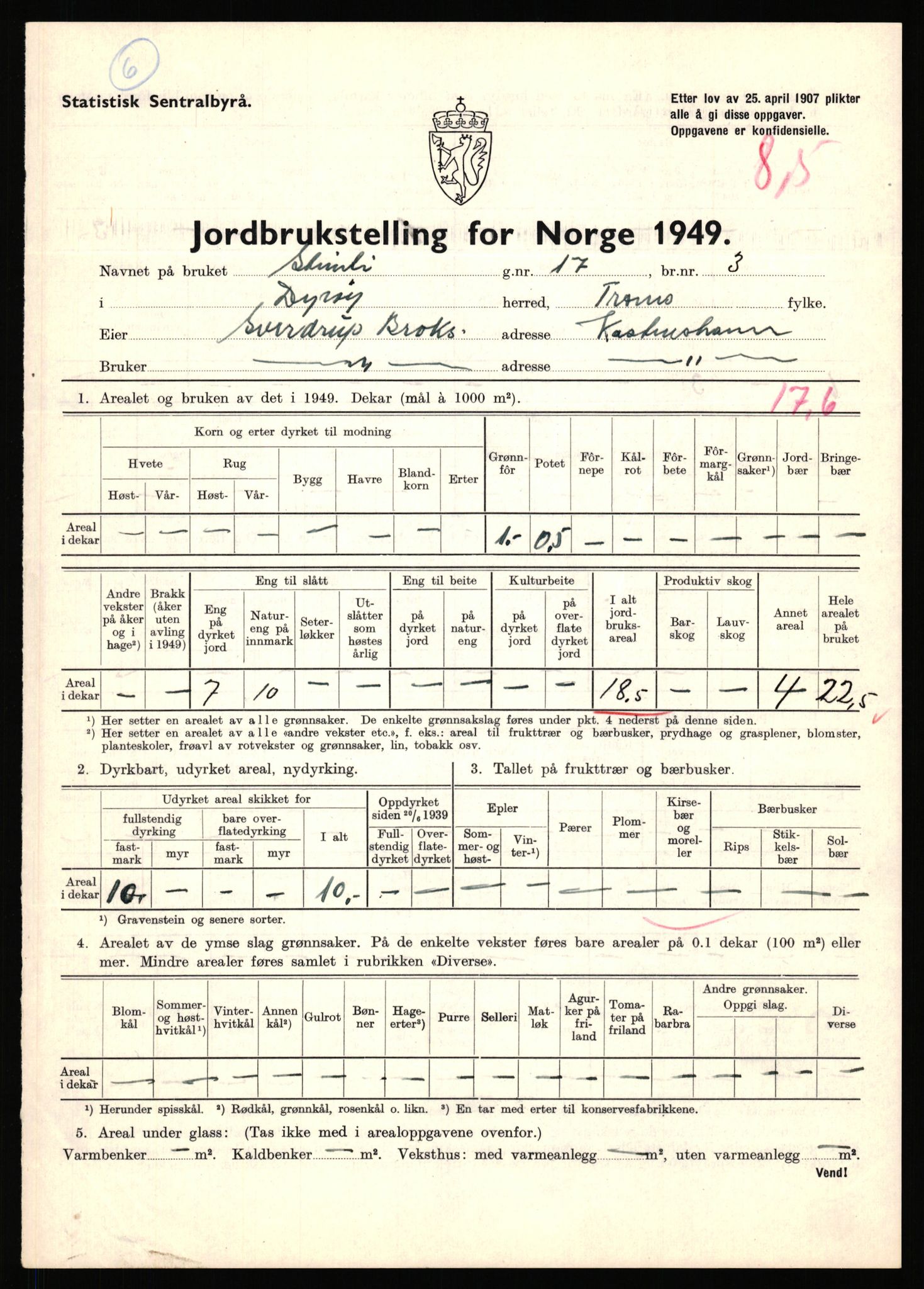 Statistisk sentralbyrå, Næringsøkonomiske emner, Jordbruk, skogbruk, jakt, fiske og fangst, AV/RA-S-2234/G/Gc/L0440: Troms: Sørreisa og Dyrøy, 1949, p. 1007