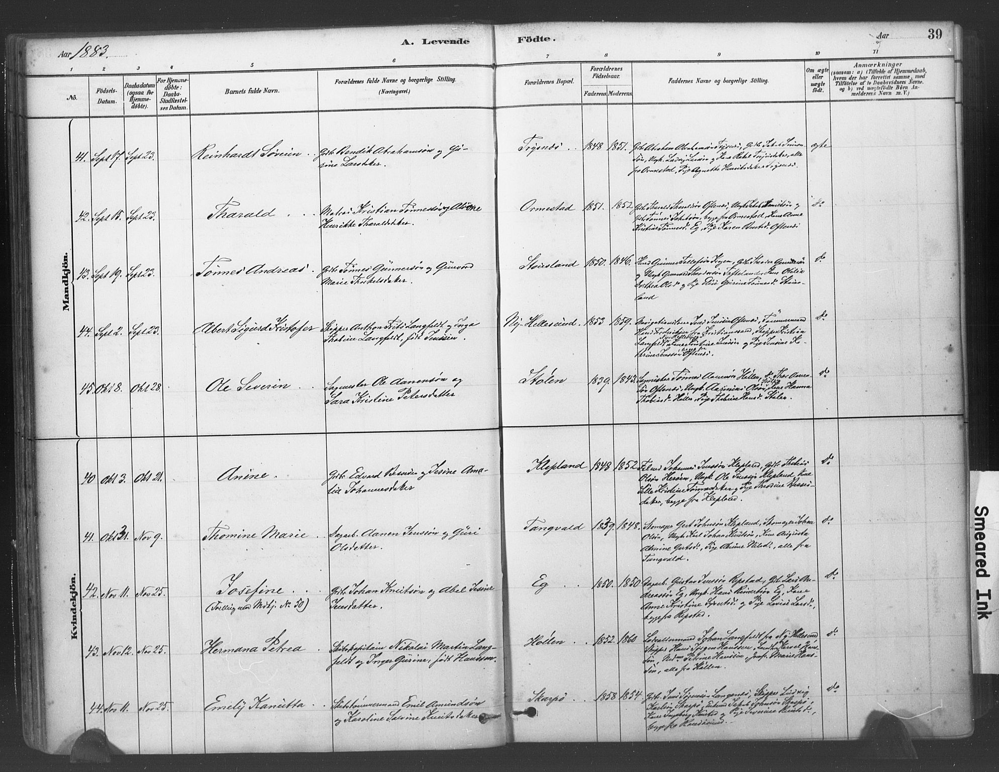 Søgne sokneprestkontor, AV/SAK-1111-0037/F/Fa/Fab/L0012: Parish register (official) no. A 12, 1880-1891, p. 39