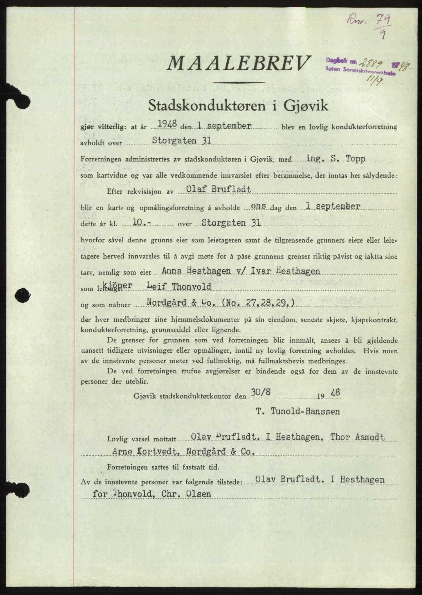 Toten tingrett, SAH/TING-006/H/Hb/Hbc/L0020: Mortgage book no. Hbc-20, 1948-1948, Diary no: : 2889/1948