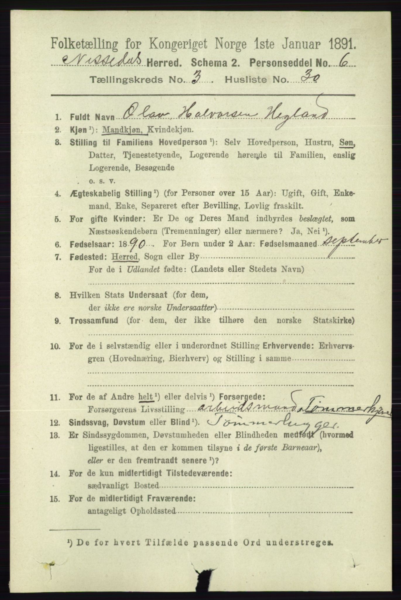 RA, 1891 census for 0830 Nissedal, 1891, p. 826