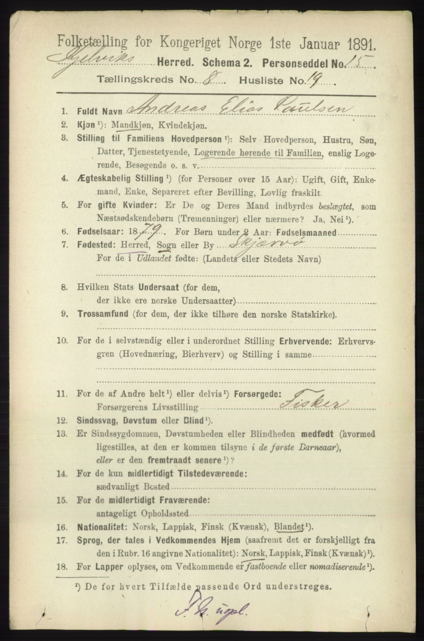 RA, 1891 census for 2019 Kjelvik, 1891, p. 1378