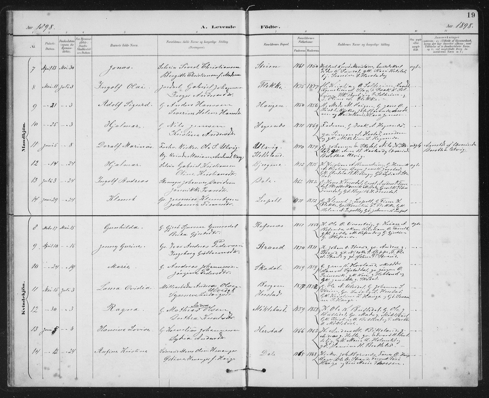 Fjaler sokneprestembete, SAB/A-79801/H/Hab/Habc/L0003: Parish register (copy) no. C 3, 1894-1917, p. 19