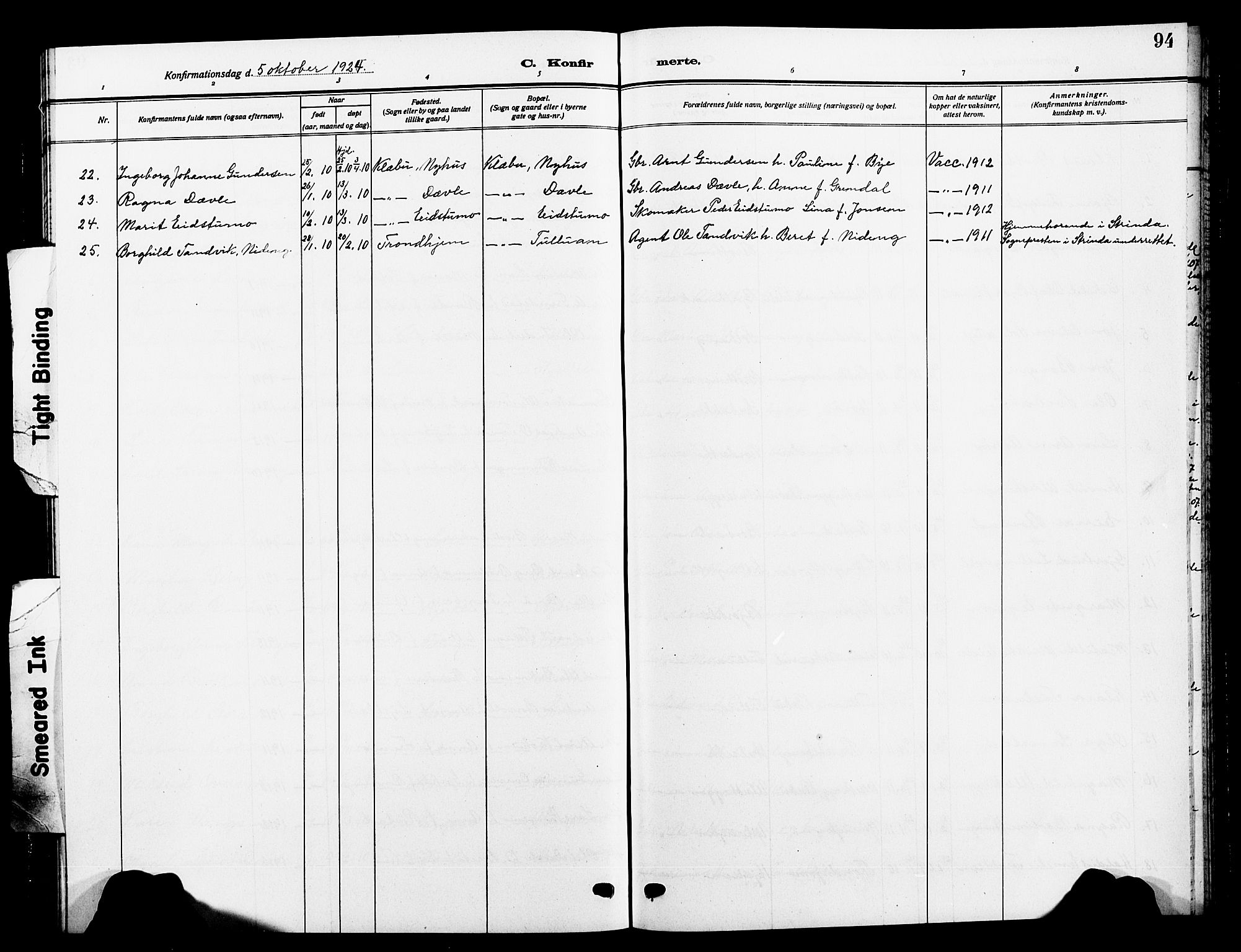 Ministerialprotokoller, klokkerbøker og fødselsregistre - Sør-Trøndelag, SAT/A-1456/618/L0453: Parish register (copy) no. 618C04, 1907-1925, p. 94