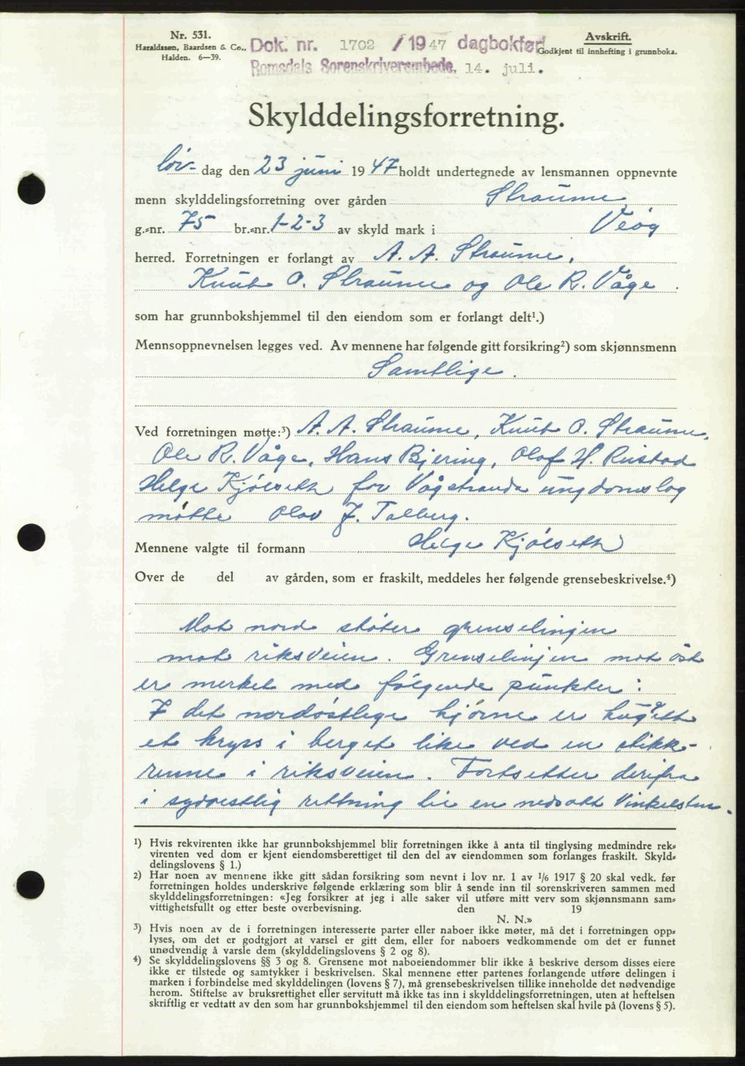 Romsdal sorenskriveri, AV/SAT-A-4149/1/2/2C: Mortgage book no. A23, 1947-1947, Diary no: : 1702/1947