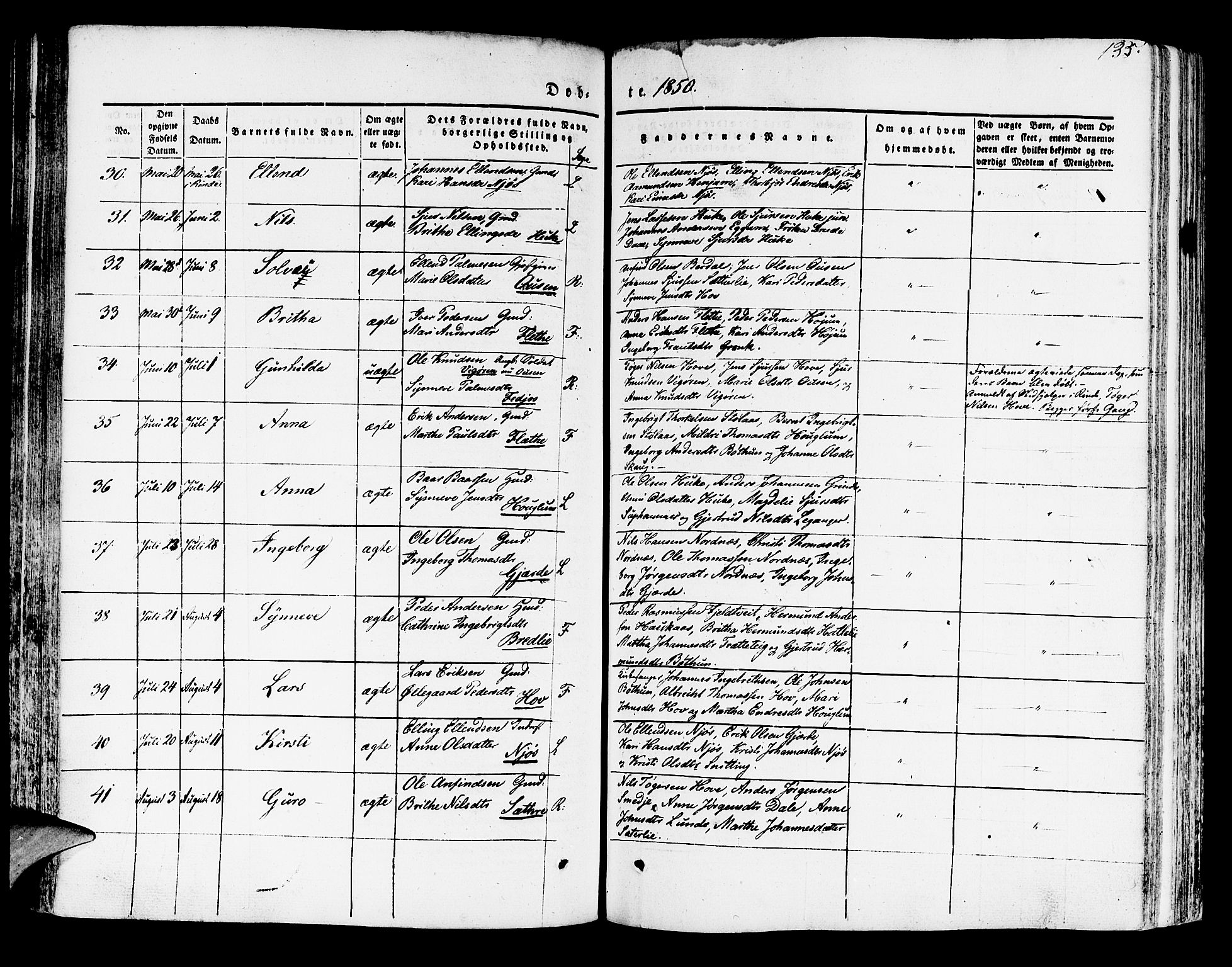 Leikanger sokneprestembete, AV/SAB-A-81001/H/Haa/Haaa/L0007: Parish register (official) no. A 7, 1838-1851, p. 135